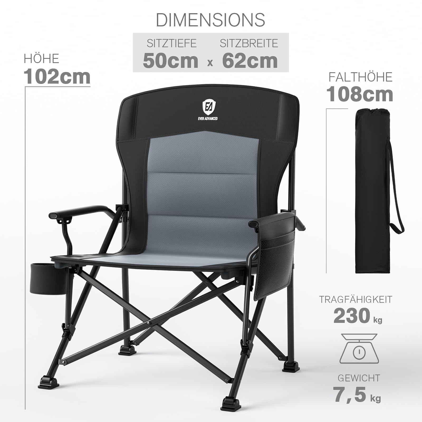 EVER ADVANCED Campingstuhl Faltbar 230KG Belastbar XL Klappstuhl 62cm Sitzbreit mit Seitentasche Getränkehalter Übergroß Faltstuhl Angelstuhl für Camping Outdoor Balkon Garten