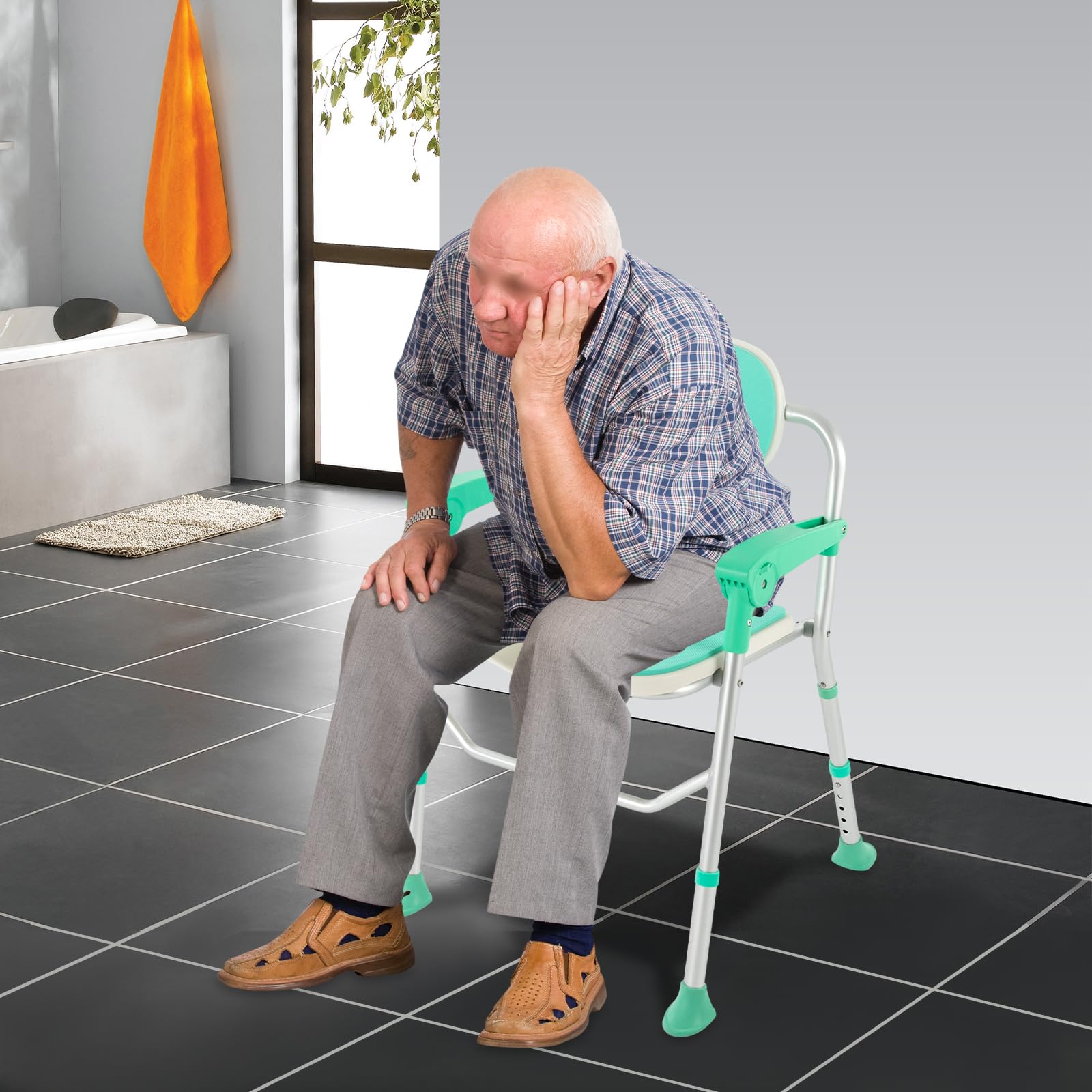Silla de ducha independiente con corte de asiento de ducha, silla de ducha plegable para el lavado privado, altura del asiento ajustable en 5 niveles, pies antideslizantes, para ancianos