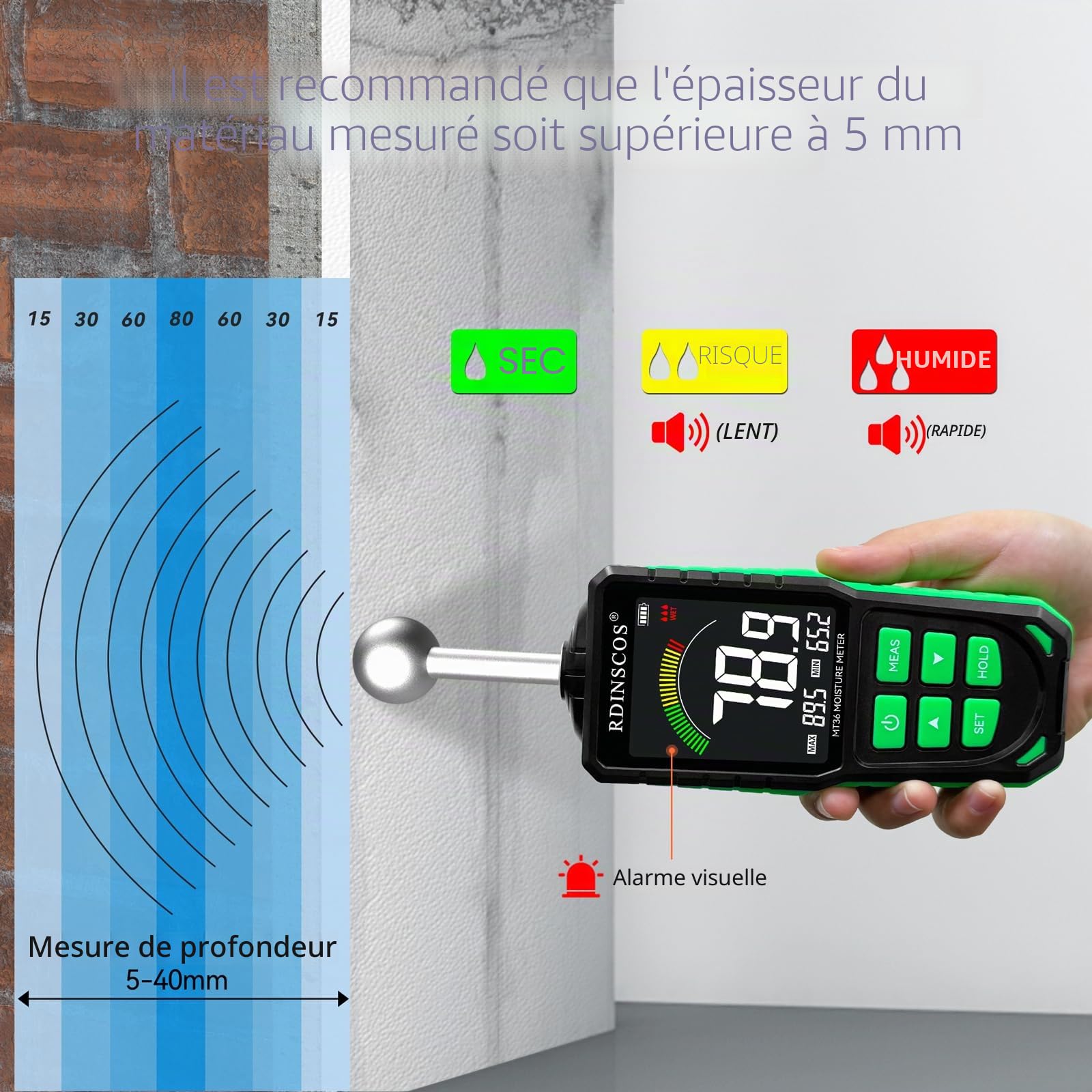 Mètre humide Murs Rechargeable Humidité de Bois, Hygromètre Numérique Professionnel Détecteur d'humidité pour bois, Murs et Planchers Testeur d'humidité (MT36)