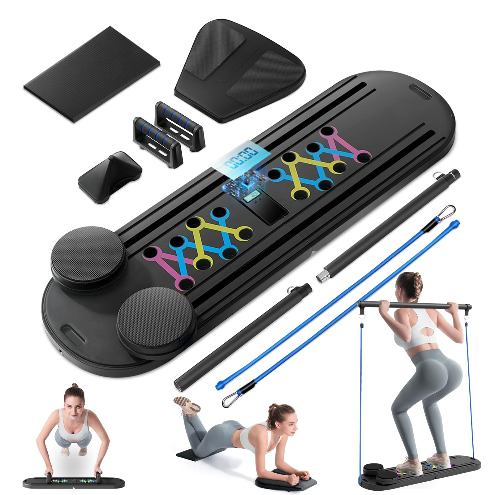 INSMEER Pilates Board, Pilates Reformer Set Faltbares für Zuhause mit Automatischem Rebound Ab Roller, multifunktionales Bauchtrainingsbrett, Spannseil, Timer, 6-in-1 Reformer Pilates Maschine