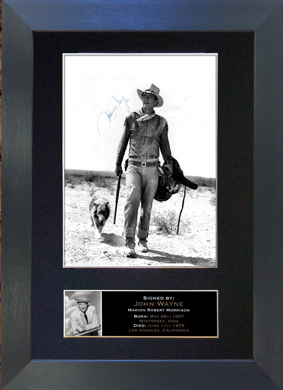 The Autograph Collector Gold,Black John Wayne Signed Autograph Mounted Photo Reproduction Print A4 Rare (297 X 210Mm) #129 (Black Frame)