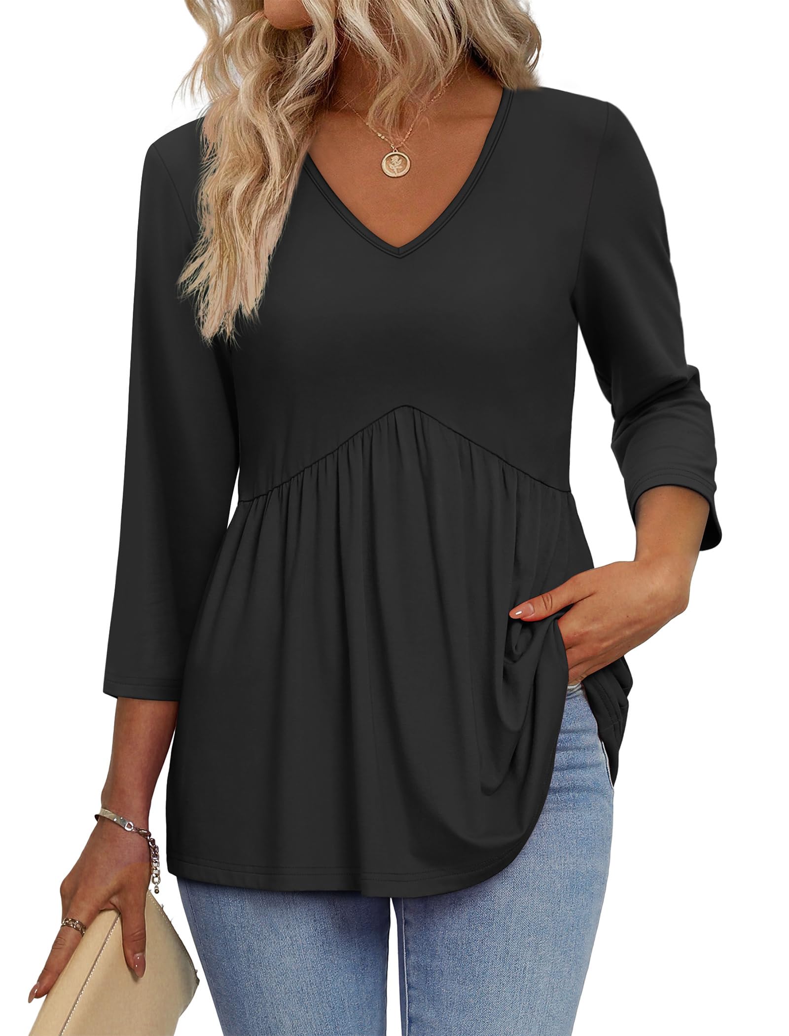 3/4 Length Sleeve Womens Tops 2025 Blouses for Women Dressy Casual Fashion Clothing V Neck Babydoll Tops Fall Outfits