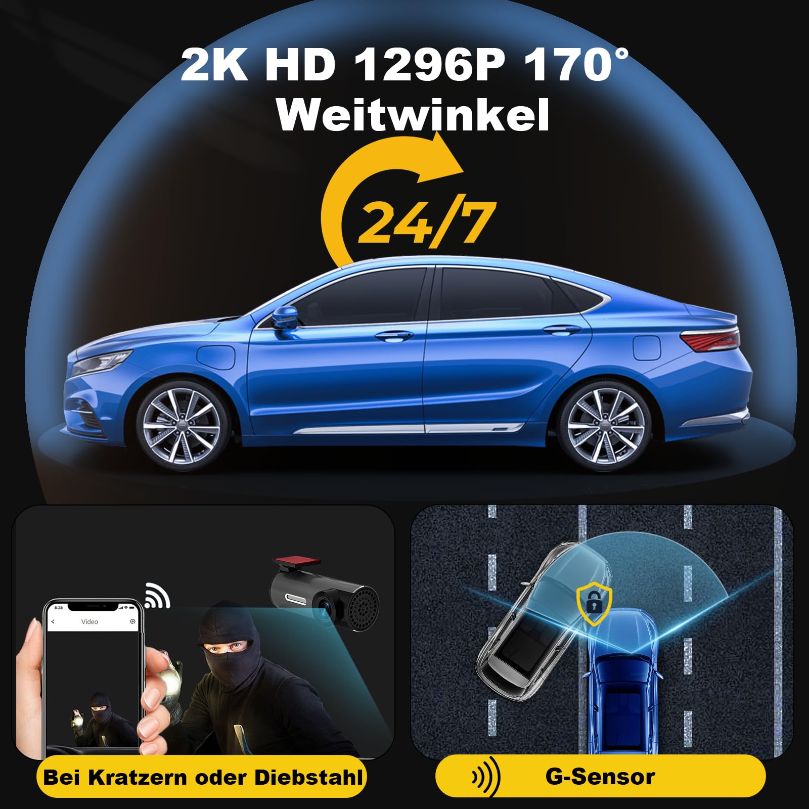 Dashcam Caméra Tableau Bord WiFi 2K Avant Voiture, Caméra Voiture 1296P Surveillance Stationnement, ADAS, Super Vision Nocturne, WDR, Grand Angle 170°, Capteur G, Enregistrement Boucle, Contrôle APP