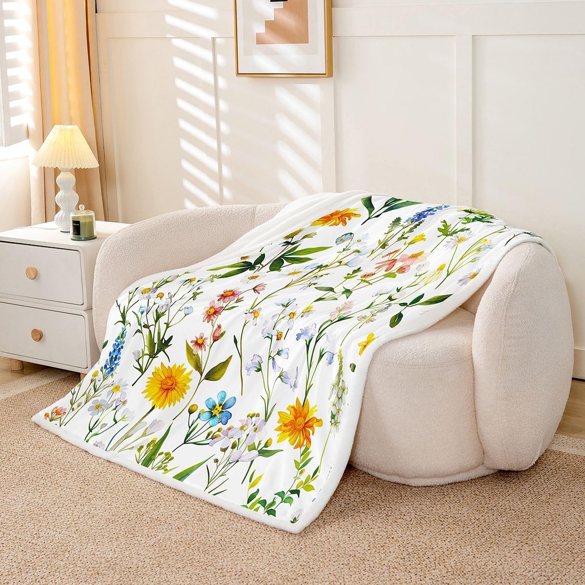 Erosebridal Boho Floral Fuzzy Plush Throw Wildflower Botanical Watercolor Fleece Blanket Farmhouse Flower Leaves Sherpa Blanket for Kids,Colorful Nature Plants Decor for Bed Couch Baby 30"x40"