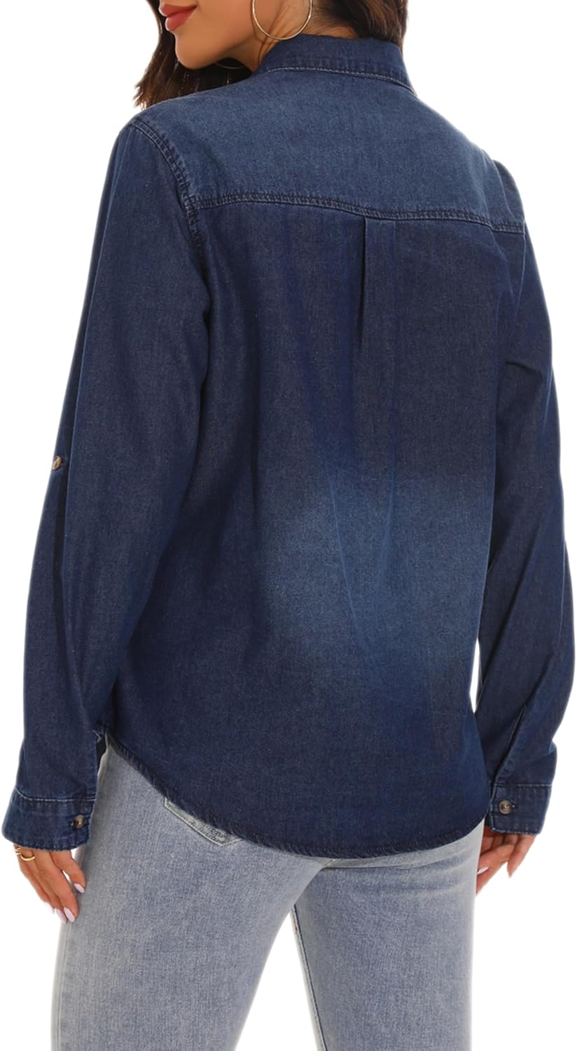 GUANYY Womens Denim Button Down Shirt Long Sleeve V Neck Jean Shirts Western Chambray Blouse Top - Image 4