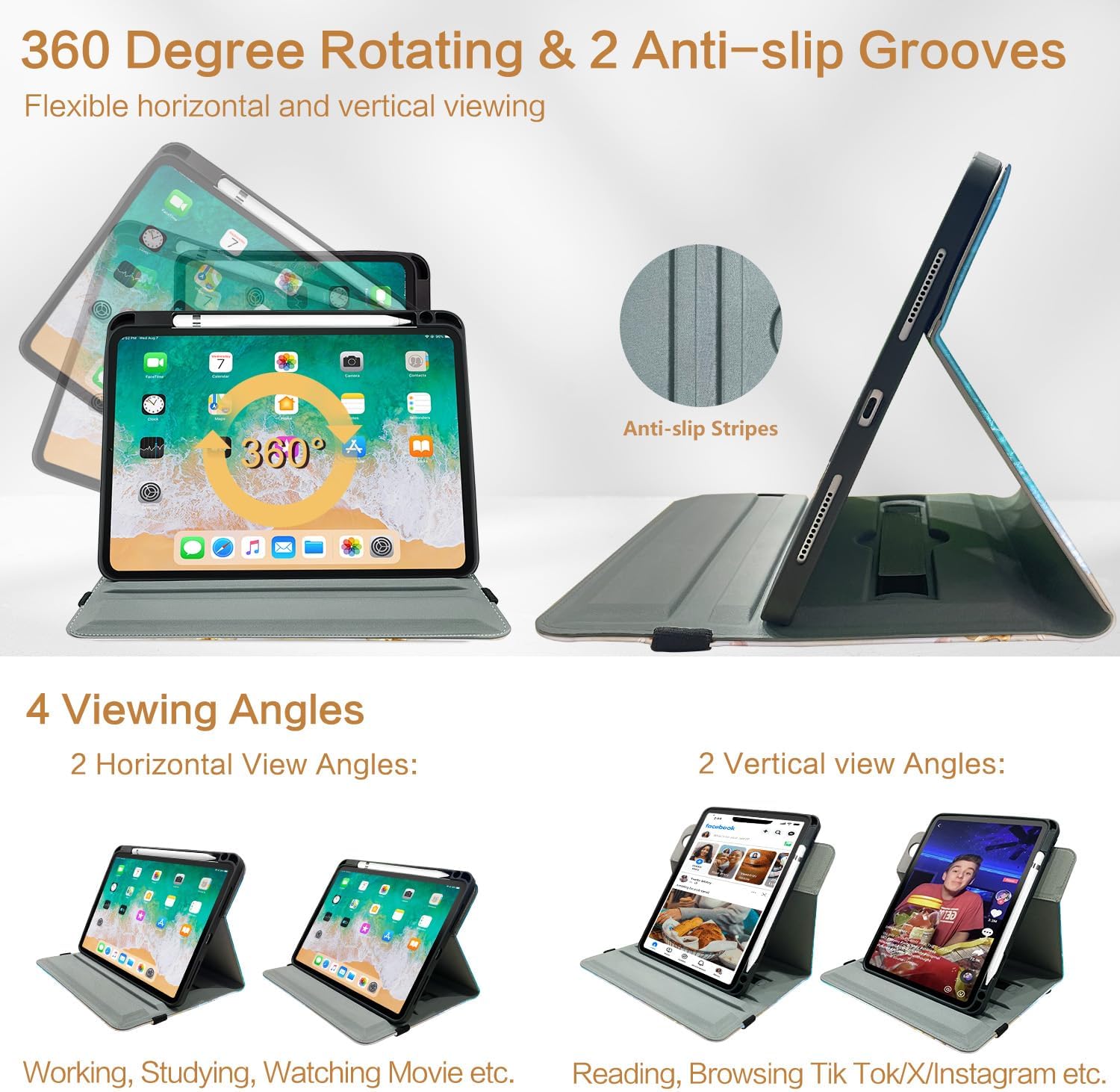 Vimorco Rotating Case for iPad A16 11th/10th Generation 2025/2022, for iPad A16 Case 11th/10th Generation 360 Degree Rotating, 4 Viewing Angles, Pencil Holder/Hand Strap/Pocket, Beach Blue Ocean
