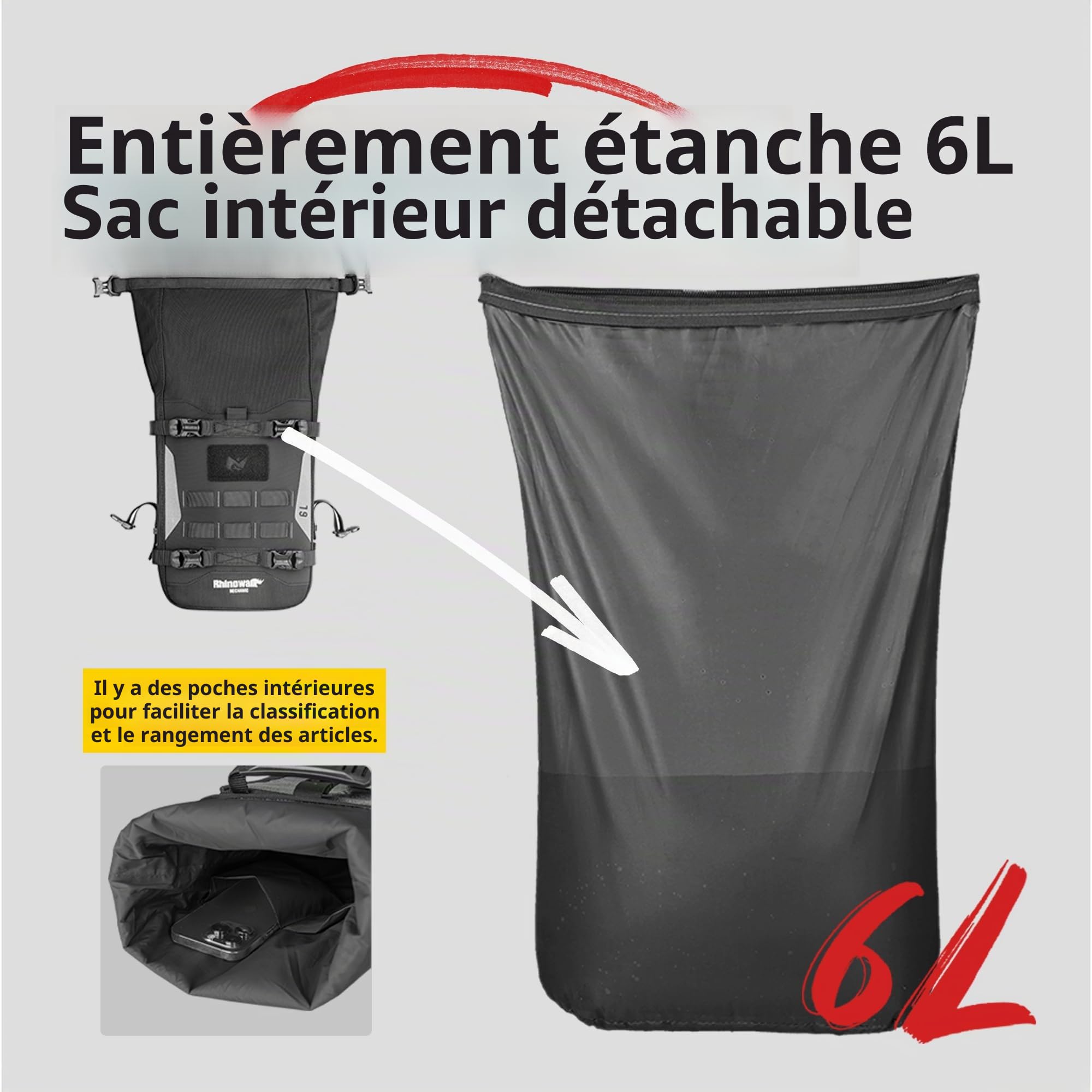 Rhinowalk Sac de Barre Anti-Chute de Moto Étanche Sac de Selle de Moto Sac Latéral 6L (Extensible à 7L) Motif de Feuilles Noires
