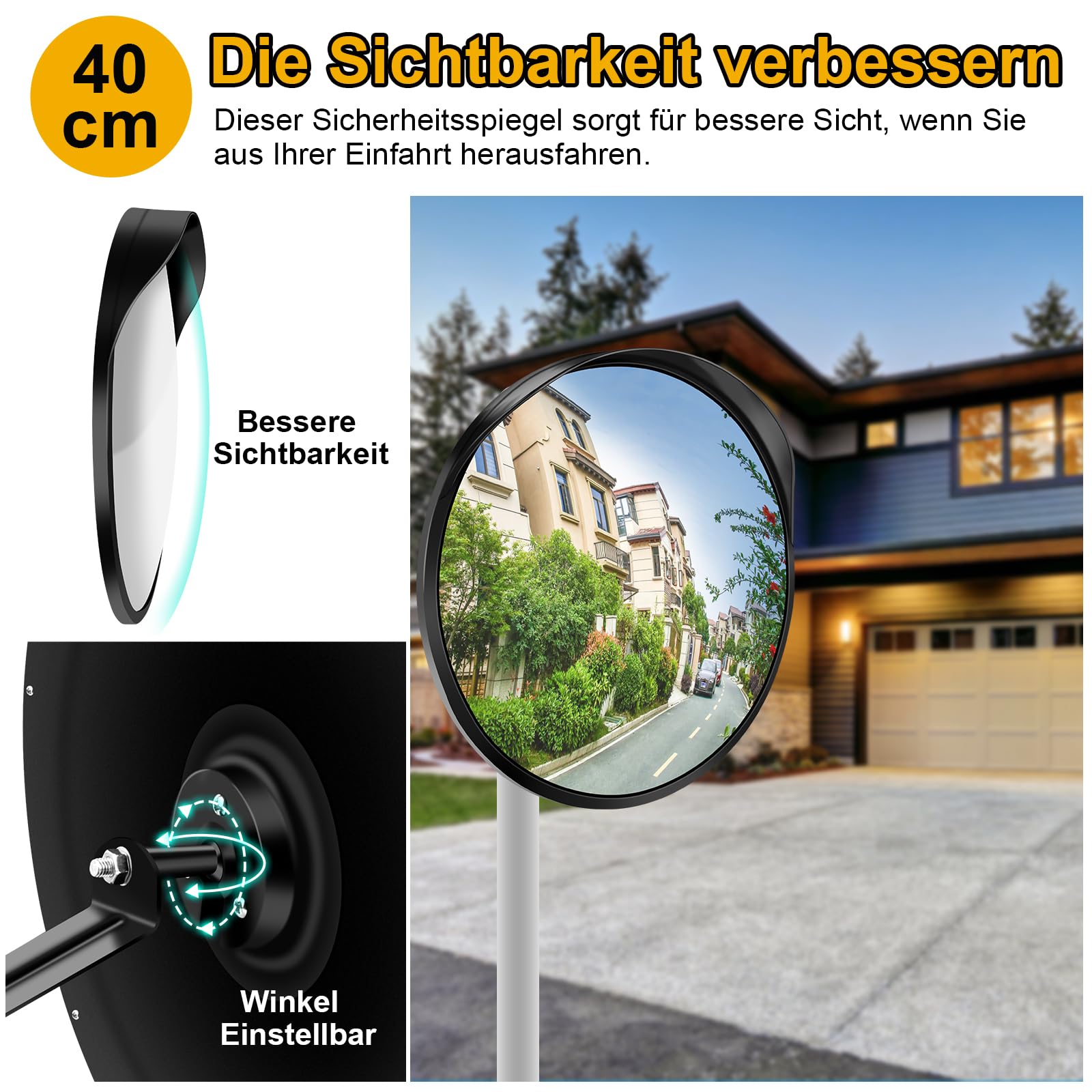 Angooni 40 cm Sicherheitsspiegel Verkehrsspiegel, Parkassistent, Verstellbarer Weitwinkel-Blickwinkel, Konvexspiegel für Garage und Einfahrt (Unterstützt Innen - und Außenbereich)