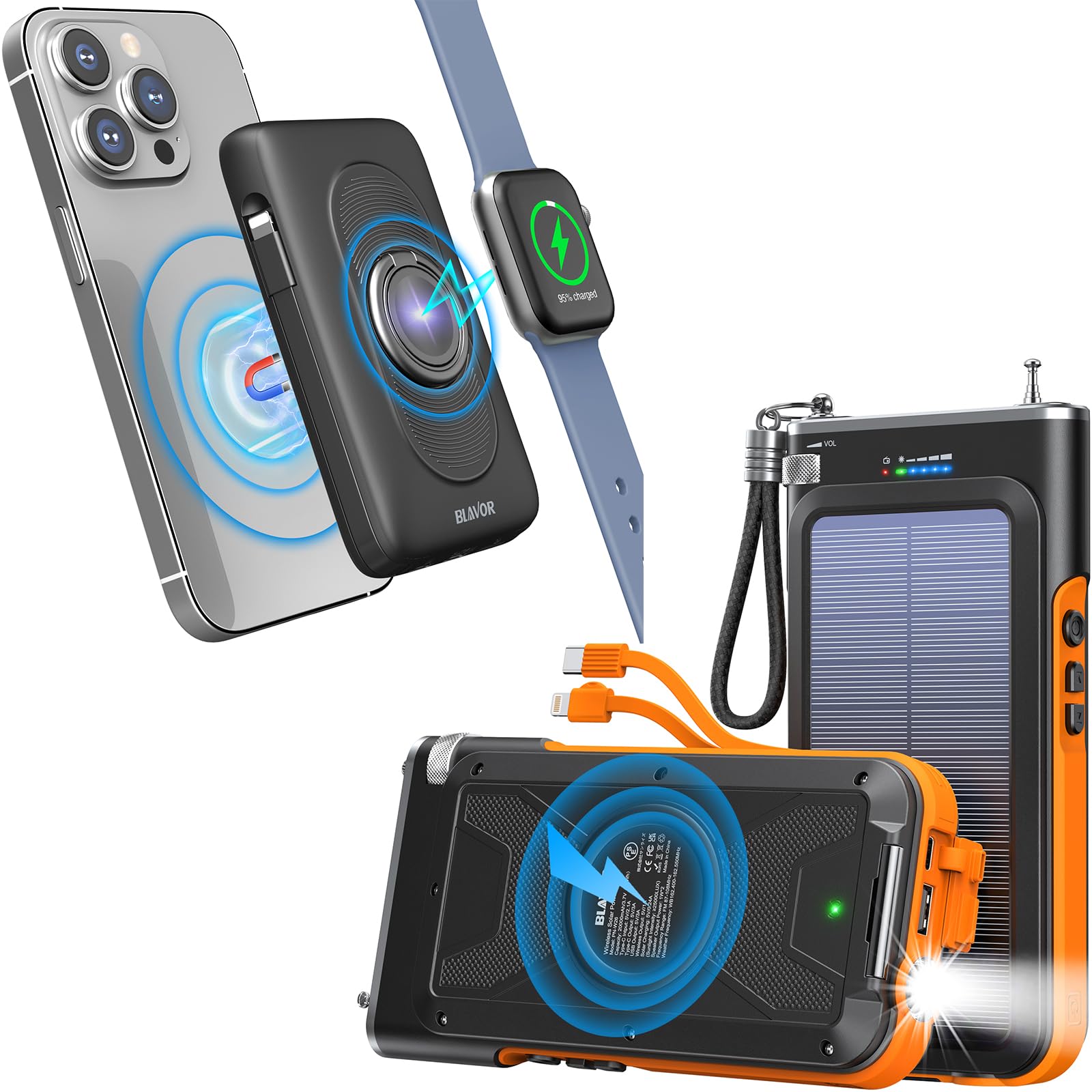 BLAVORMagnetic Wireless Power Bank Plus Solar Charger Power Bank with FM Radio