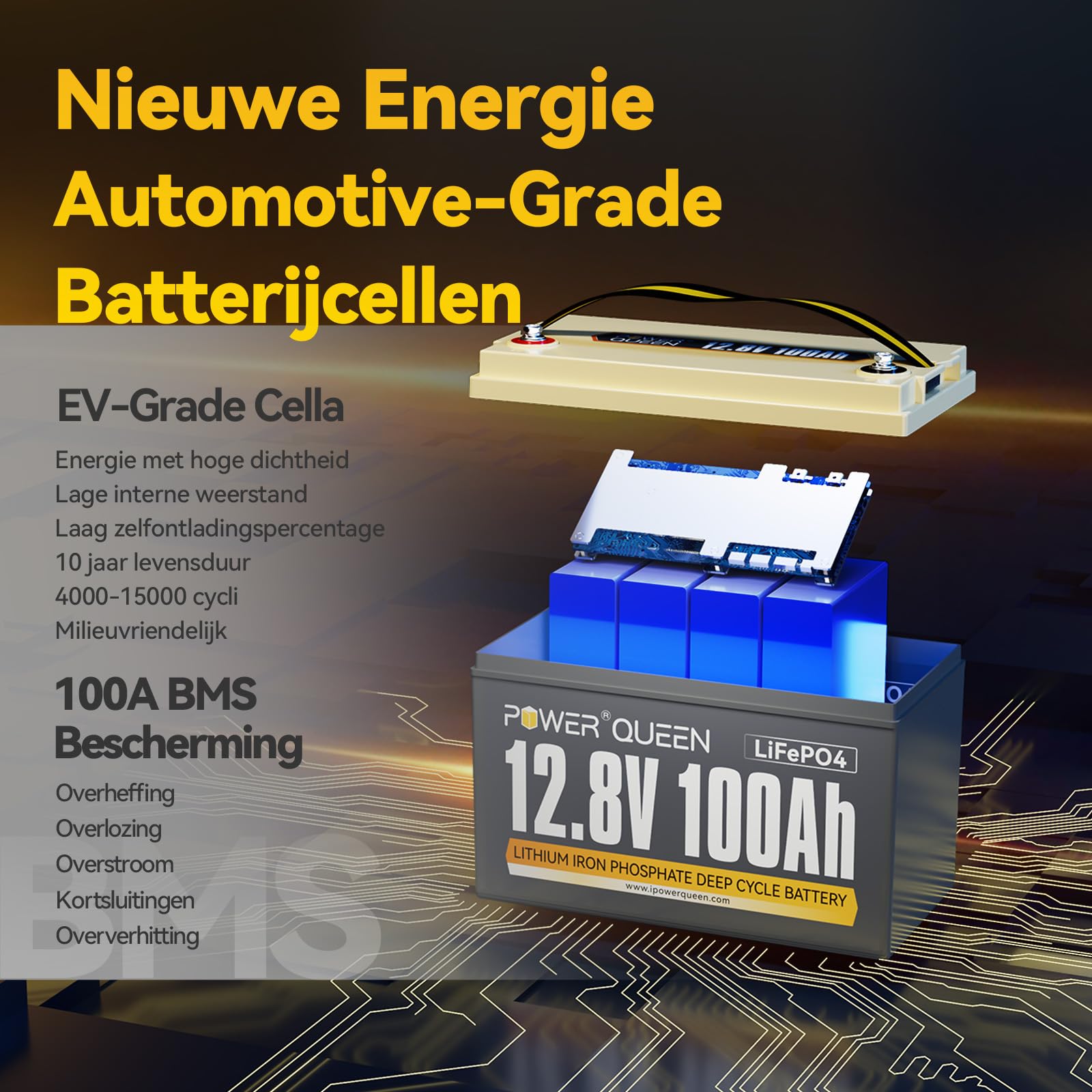 Power Queen 12V 100Ah LiFePO4 Lithium Batterie, 1280Wh Akku mit 100A BMS, 4000+ Ladezyklen, perfekt als Stromquelle für 30~70lbs Schub Trollingmotor, Wohnmobile, Boot