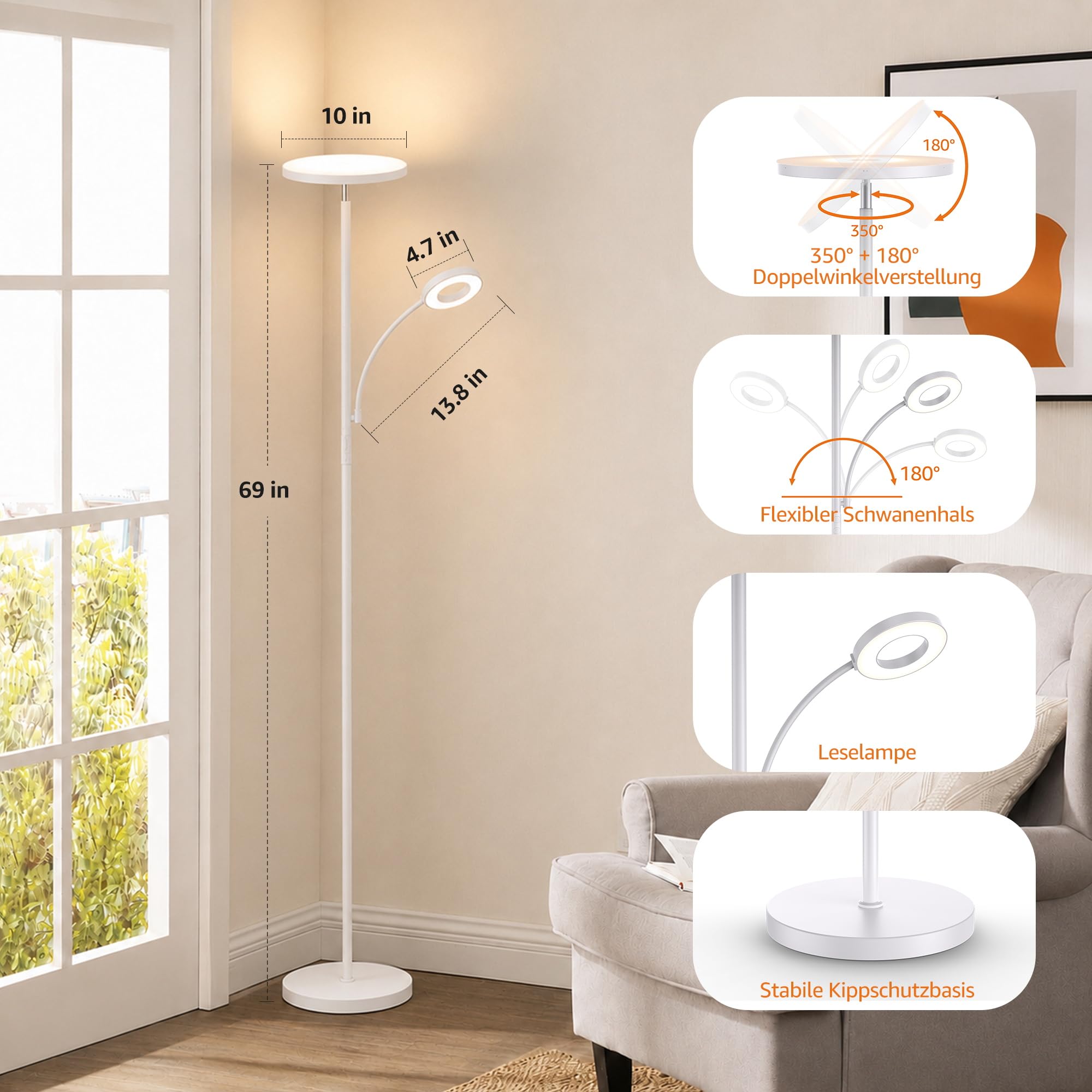 42W superhelle Uplighter Stehleuchte für Wohnzimmer, 4200LM dimmbare Torchiere Standleuchte mit Fernbedienung, Touch-Control, 2700K-6500K, Timer, 175 cm hohe Leuchte zum Lesen für Schlafzimmer, Büro