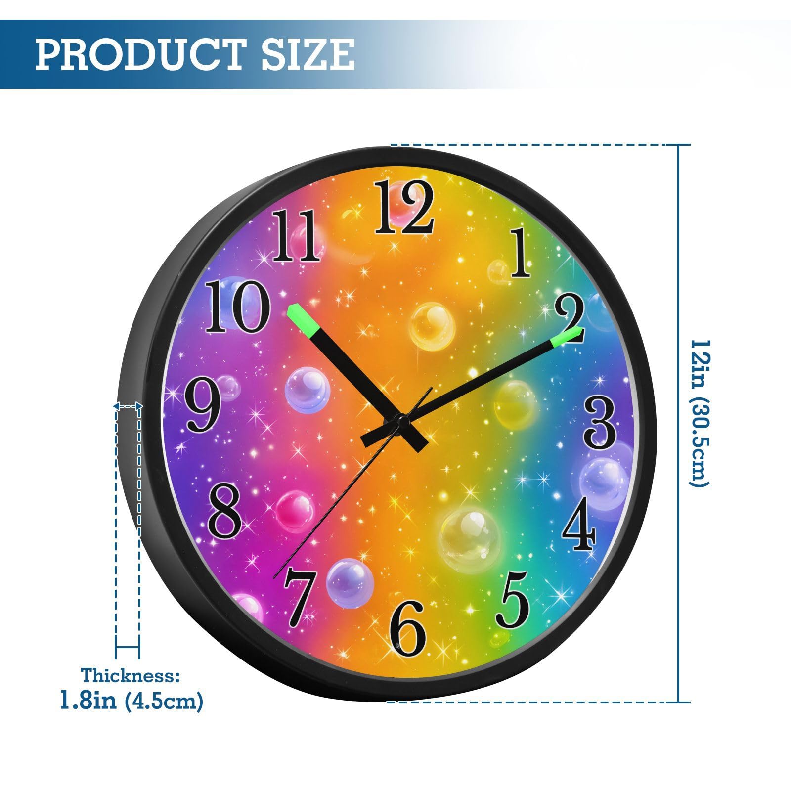 Mnsruu Reloj de pared luminoso con patrón de burbujas coloridas de arcoíris degradado, funciona con pilas, reloj silencioso que brilla en la oscuridad, para sala de estar, cocina, 12 pulgadas