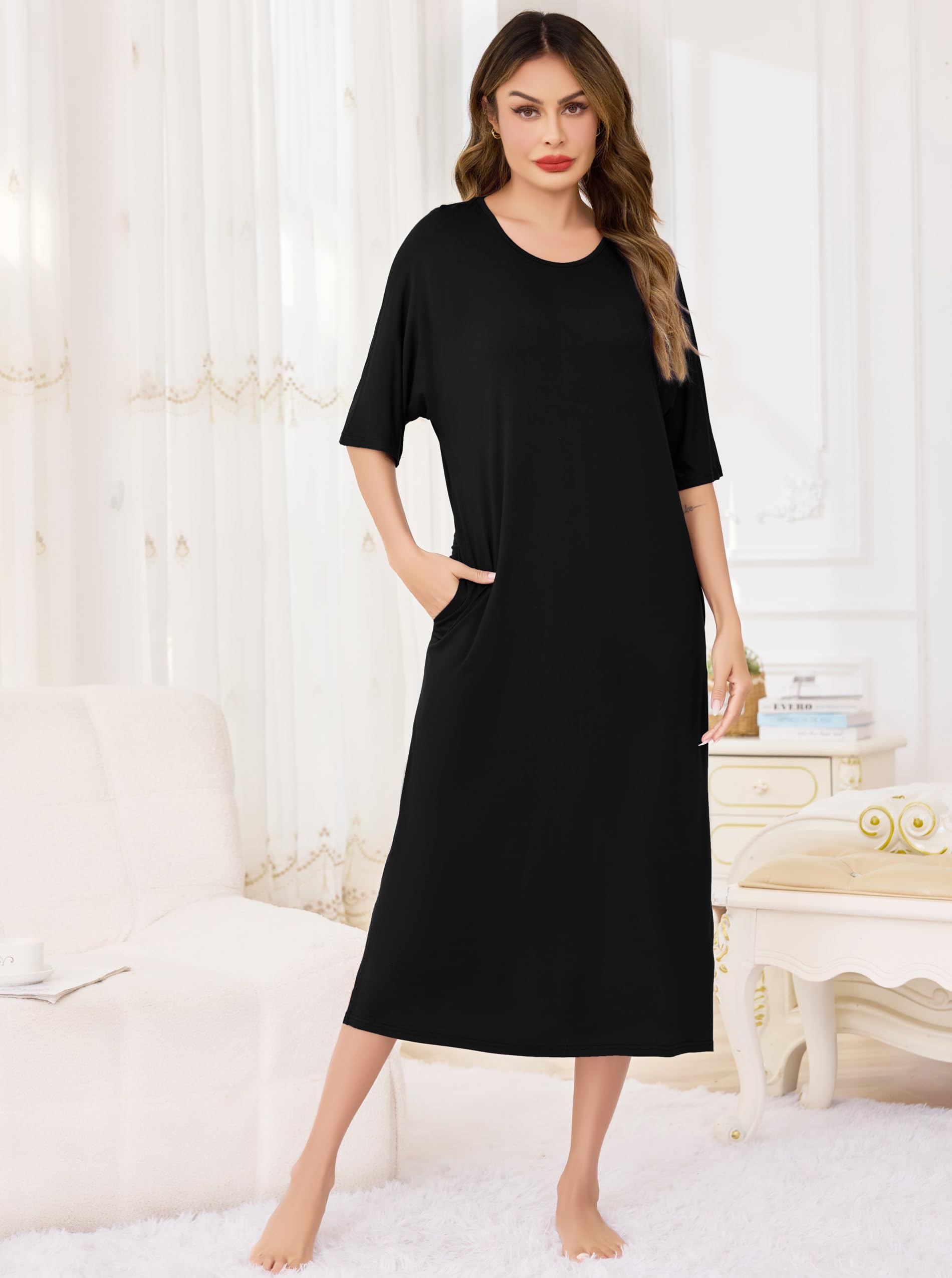 Wikoan Donna Sleepwear Collo Rotondo Manica Corta Camicia da Notte Lunga Morbida con Tasche,S-XXL