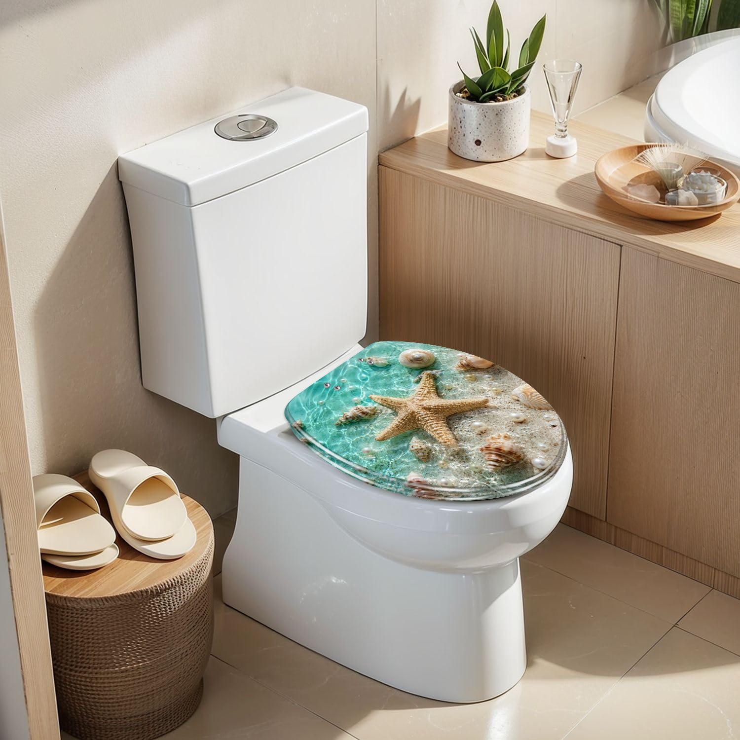 Asiento de inodoro alargado de resina para uso en el baño.
