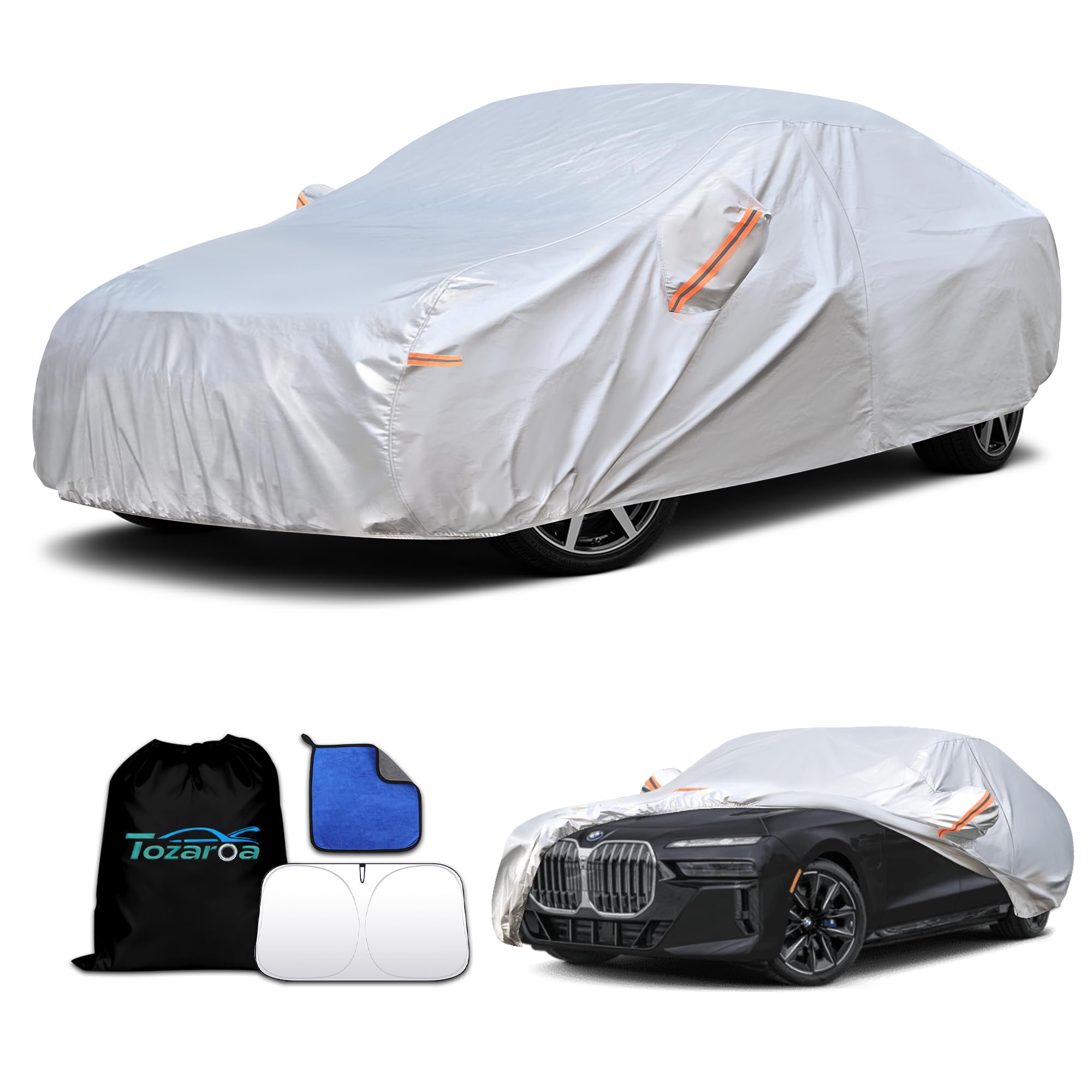 Car Cover Waterproof All-Weather,Heavy-Duty Outdoor Full Exterior Automobiles Snow Cover for SUV 181-190 inch,with Sun Visor,Anti-Scratch Cotton Lining & Zippered,Towel&Storage Bag — view 9