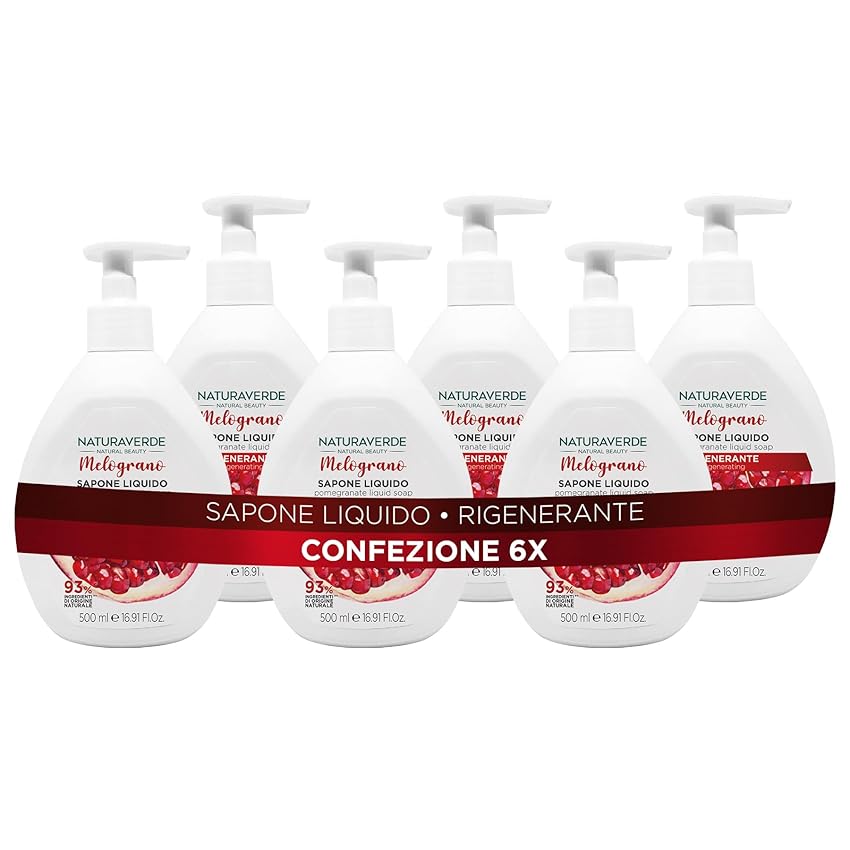Naturaverde | Natural Beauty - Sapone Liquido Melograno, Sapone Mani Detergente e Rigenerante, Ingredienti di Origine Naturale, 6 x 500ml