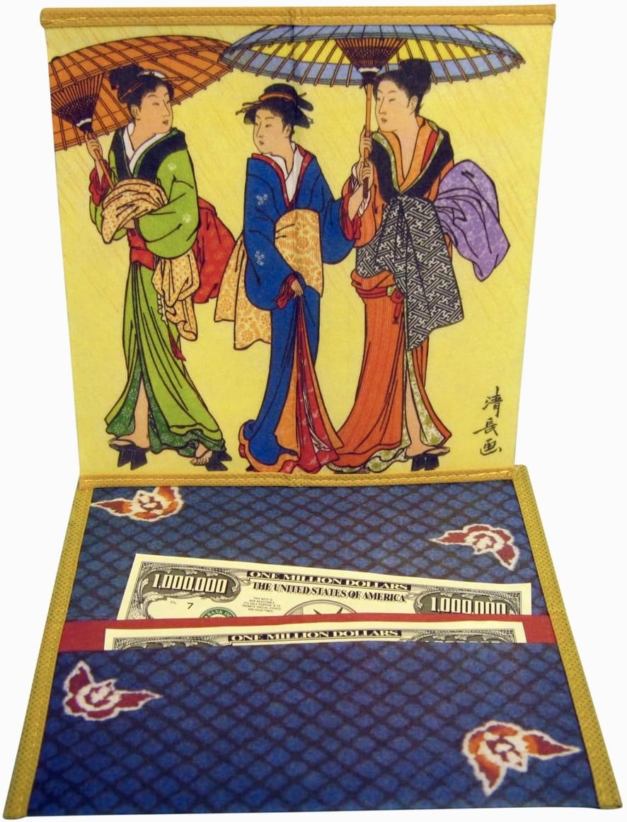 Set of 2 Japanese Rice Paper Wallet Checkbook Cover 3 Ladies with Parasols Design Decorative Gift Box Included