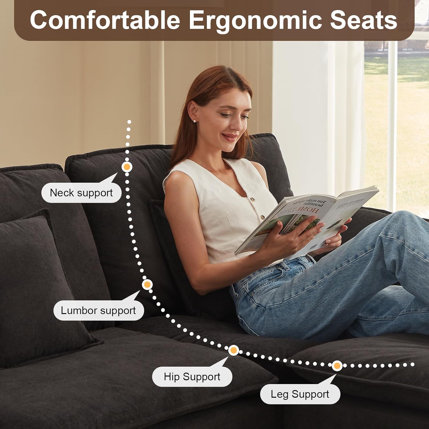 KCGKCG 116" Modular L Shaped Cloud Couch, Sectional Couches for Living Room with Ottoman, Chenille Deep Seat Sofa Cloud Sectional Couch with Charging Station, Cup Holder, Side Pocket, Black