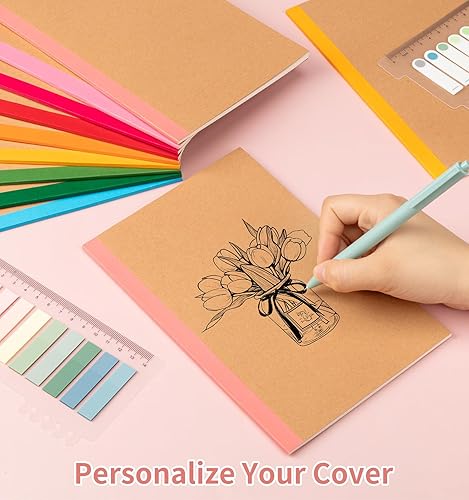 Miniatura 5 de Paquete de 30 cuadernos de composición a granel, cuaderno rayado A5 con rayas universitarias, cubierta de papel kraft con espinas de arcoíris, 8.3 x