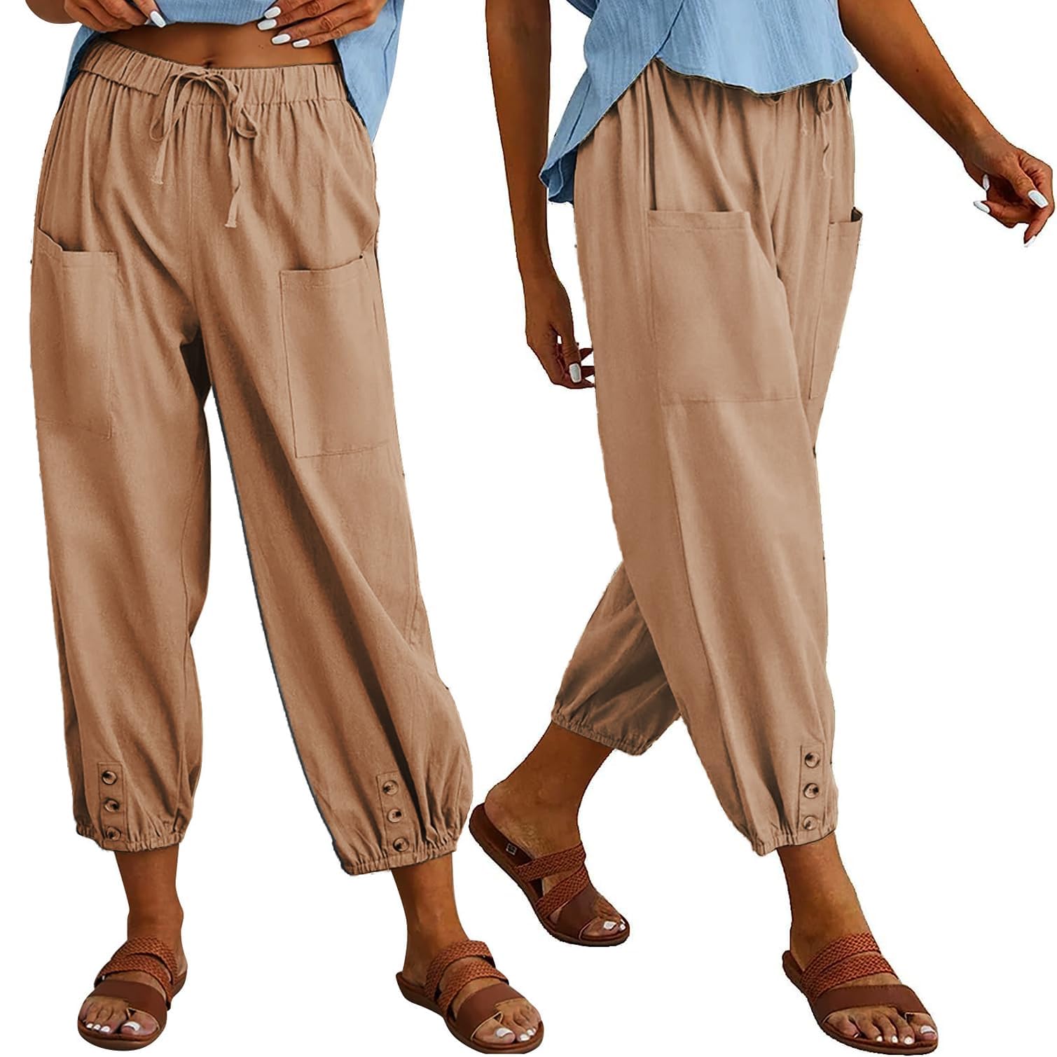 MARSVOVO Womens High Waist Style Loose Pants Drawstring Capri Pants with Pockets Wide Leg Ankle Cropped Pants for