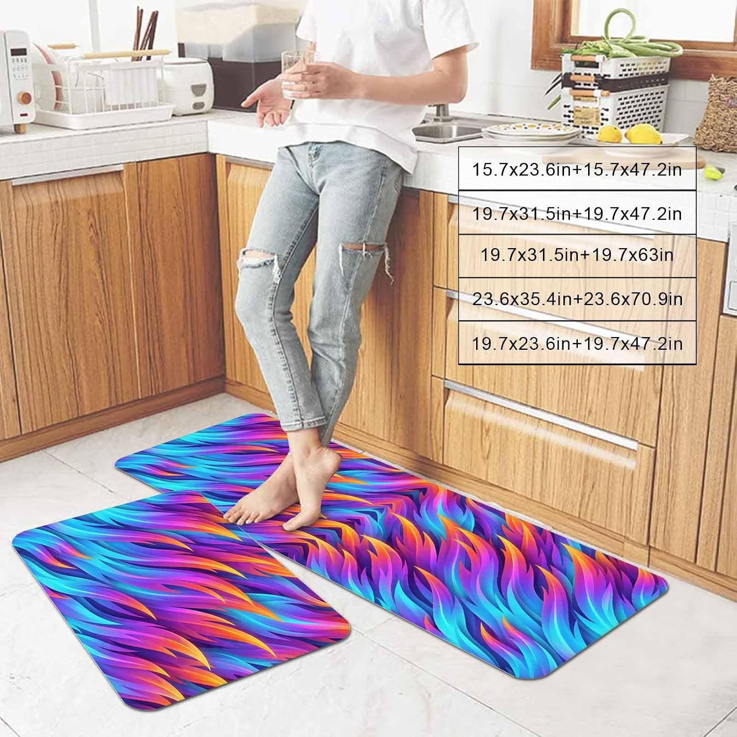 Prime Leader Abstract Art Kitchen Mat Set 2 Pieces Blue Purple Yellow Gradient Flame Texture Modern Non Slip Kitchen Rugs Washable Runner Rug Mats for Sink Laundry (15.7" x 23.6"+15.7" x 47.2")