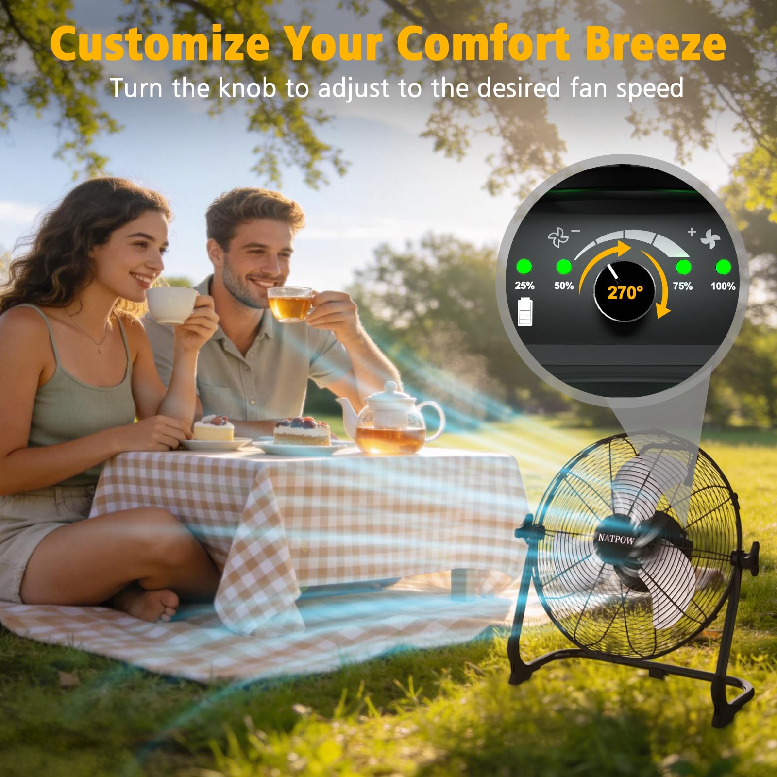 NATPOW Rechargeable Ventilateur de Sol pour Intérieur et Extérieur, 13200mAh Brasseur d'air avec Type C et USB, 15W 30 cm Ventilateur, Adaptateur 1,5 m Inclus, Silencieux, Économe en Énergie, Noir