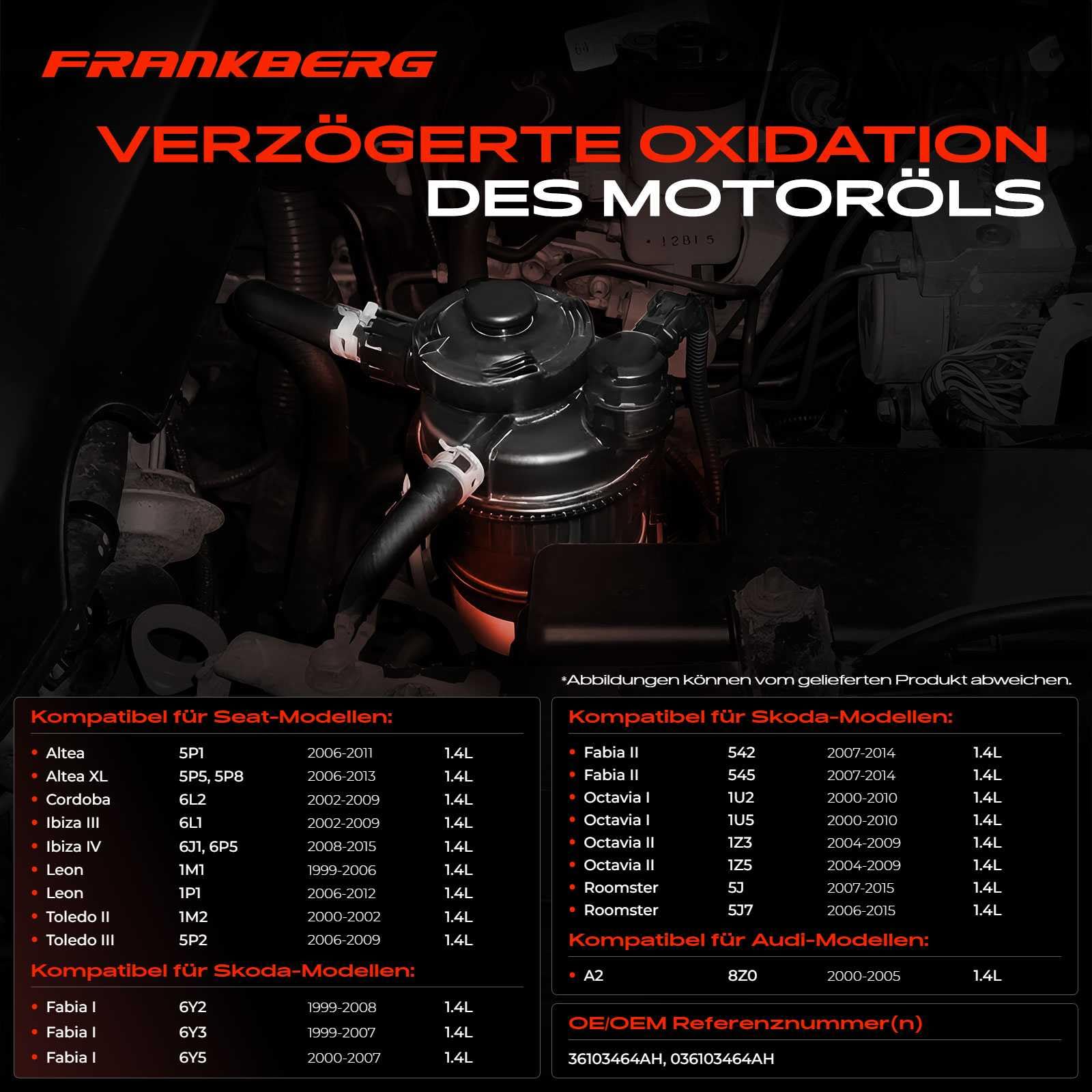 Frankberg Ölabscheider Kurbelgehäuseentlüftung mit Dichtungen Motorseitig Kompatibel mit A2 8Z0 Altea 5P1 Golf IV 1J1 Golf V 1K1 Polo 9A 9N B.o.r.a 1J2 Replace# 036103464AH