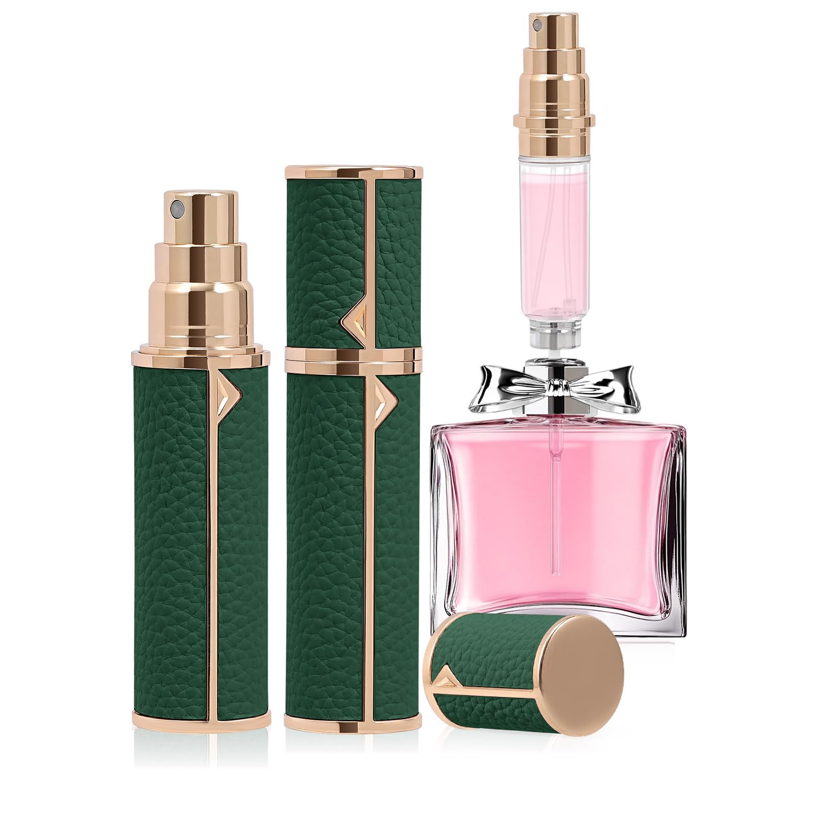 Coxotom Refillable Travel Perfume Bottle – Fine Mist Atomizer, Bottom Fill, Genuine Leather Shell, TSA Approved, For Daily Refresh & Travel (Green,