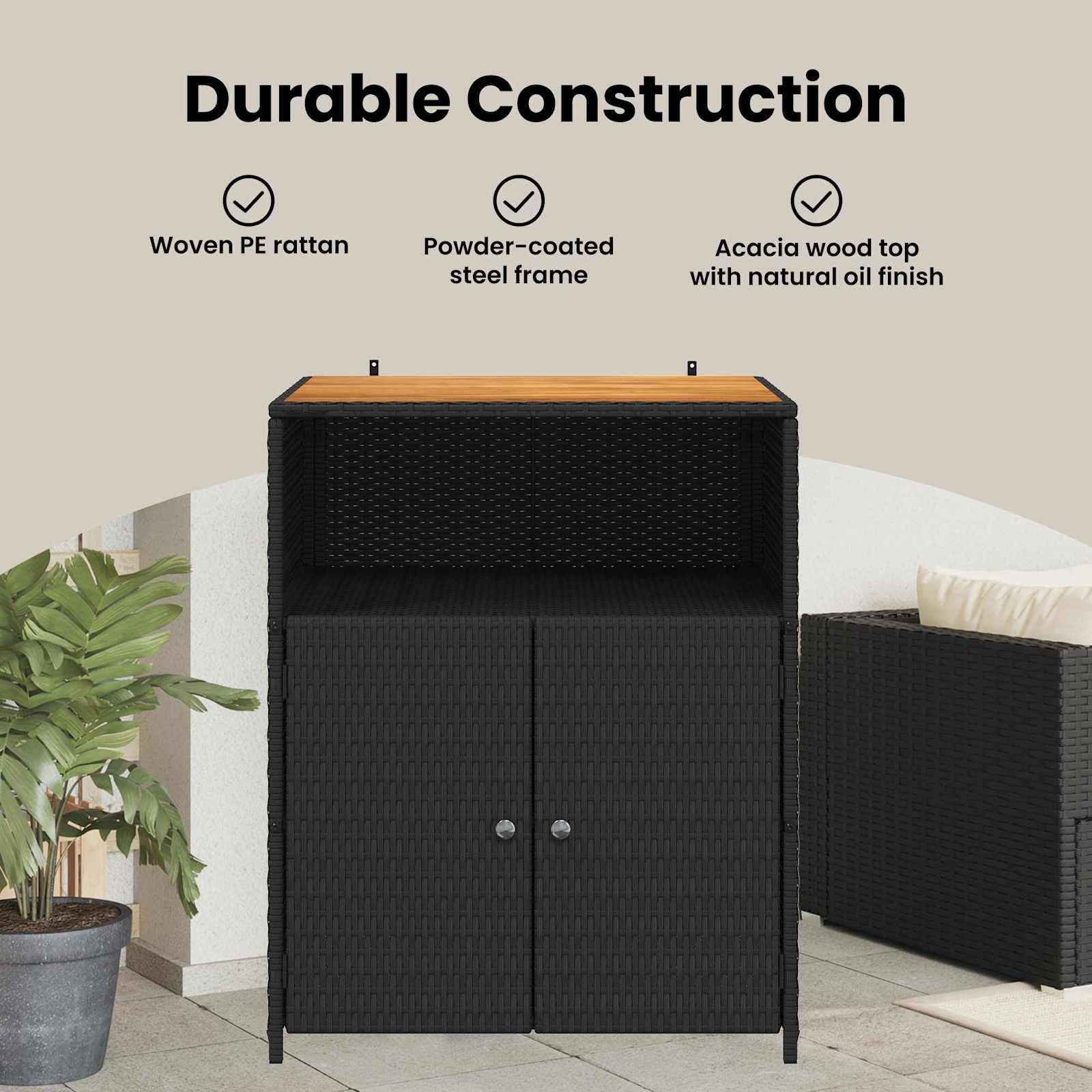 vidaXL Schrank Schwarz 70 x 50 x 87 cm Polyester und Roly Ratten, Garten- und Terrassenlager, Rechteckschrank, robuster Holz-Rattan, leicht, praktische Lösungen für draußen