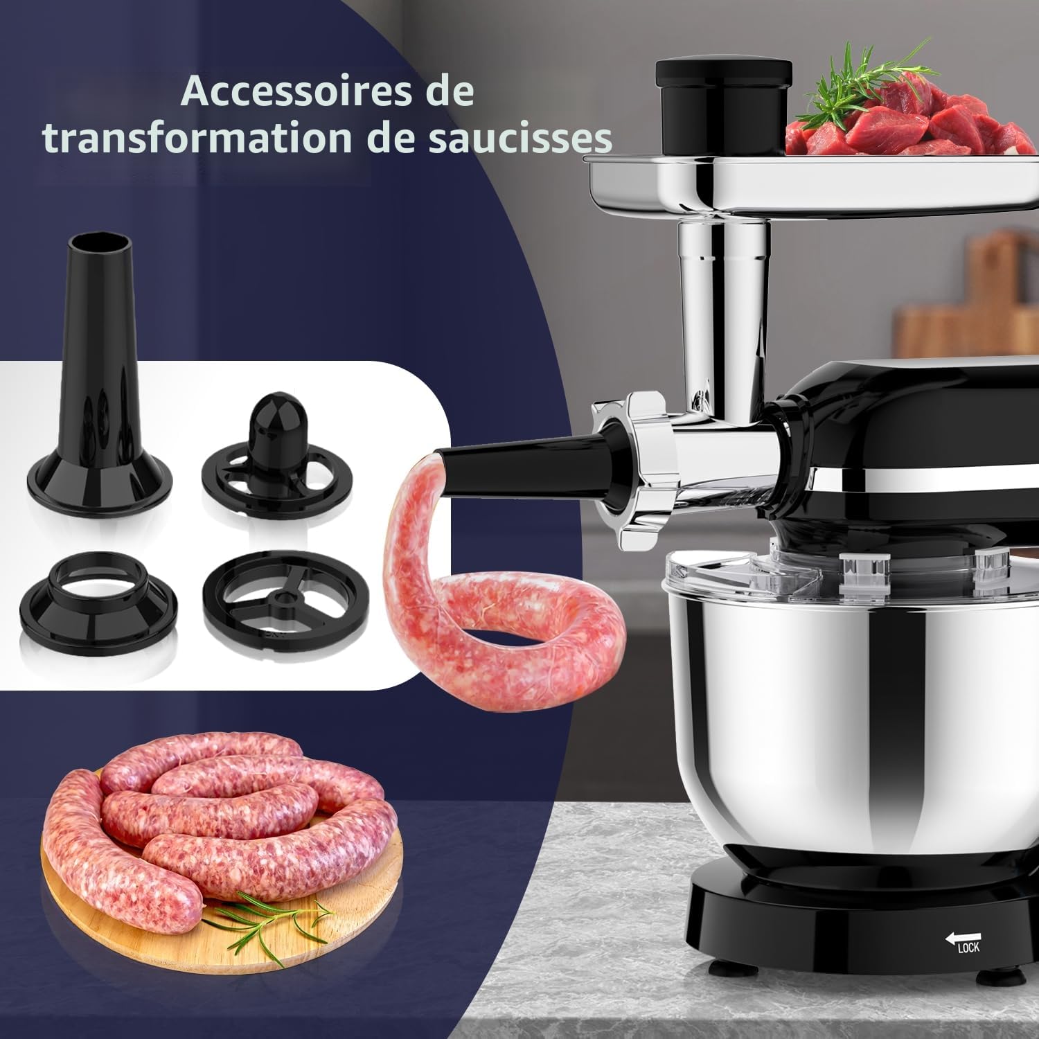 Homlee 3 en 1 Robot Pâtissier,2000W Robot Cuisine Multifonctions,avec Hachoir à Viande,1,5L Mixeur,Ensemble de légumes,Accessoires pour Saucisses,5.5L Bol Mélangeur,Fouet,Crochet Pétrisseur,Batteur