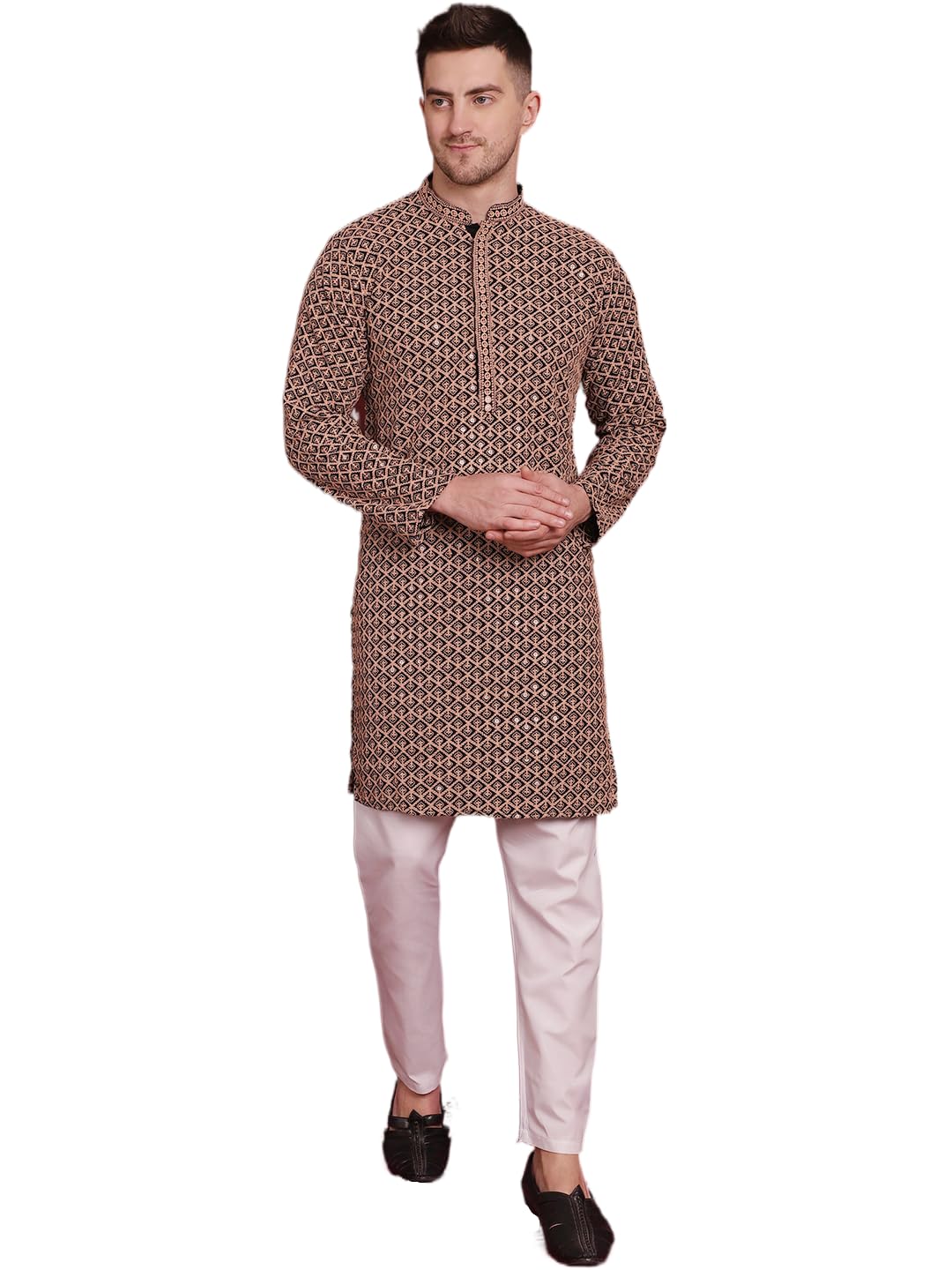Jompers Men's Brown Sequin Embroidered Pure Cotton Kurta With Pyjama (Brown, Xl)