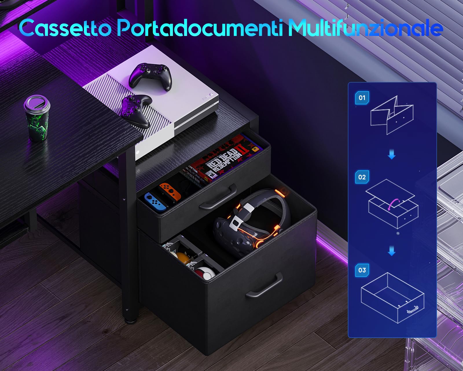 Coleshome Scrivania Gaming con LED e Prese, 140x48cm Scrivania con 2 Cassetti, Tavolo Computer Reversibile con Supporto Monitor e Vassoio per Tastiera Ufficio Casa, Nero