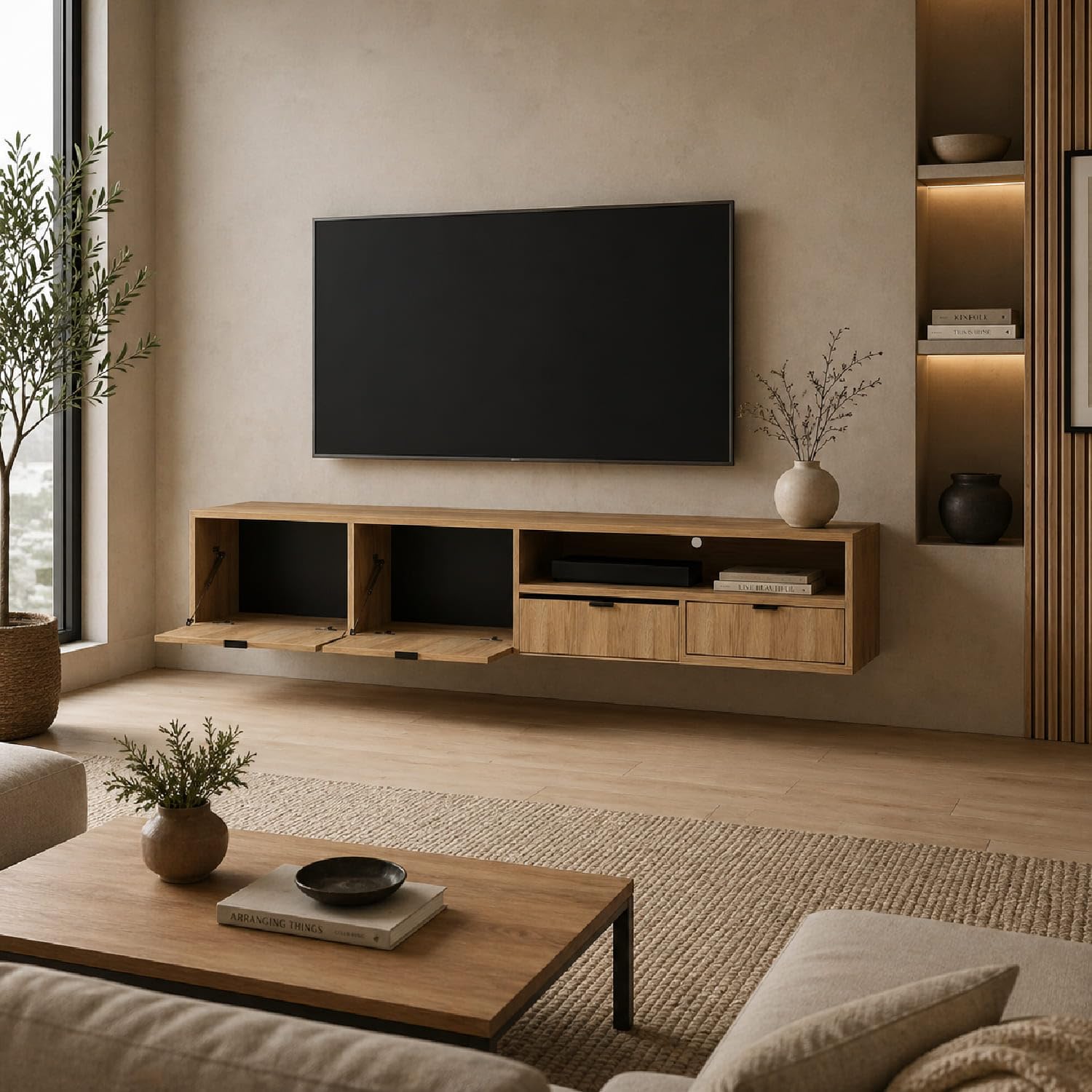 Arreditaly Mobile Porta TV Sospeso Moderno Con 2 Ante A Ribalta 2 Cassetti E Vano A Giorno Con Passacavo Per Soggiorno Salotto Zona Living Design Minimal Contemporaneo 200 X 55 X 40 Cm Rovere