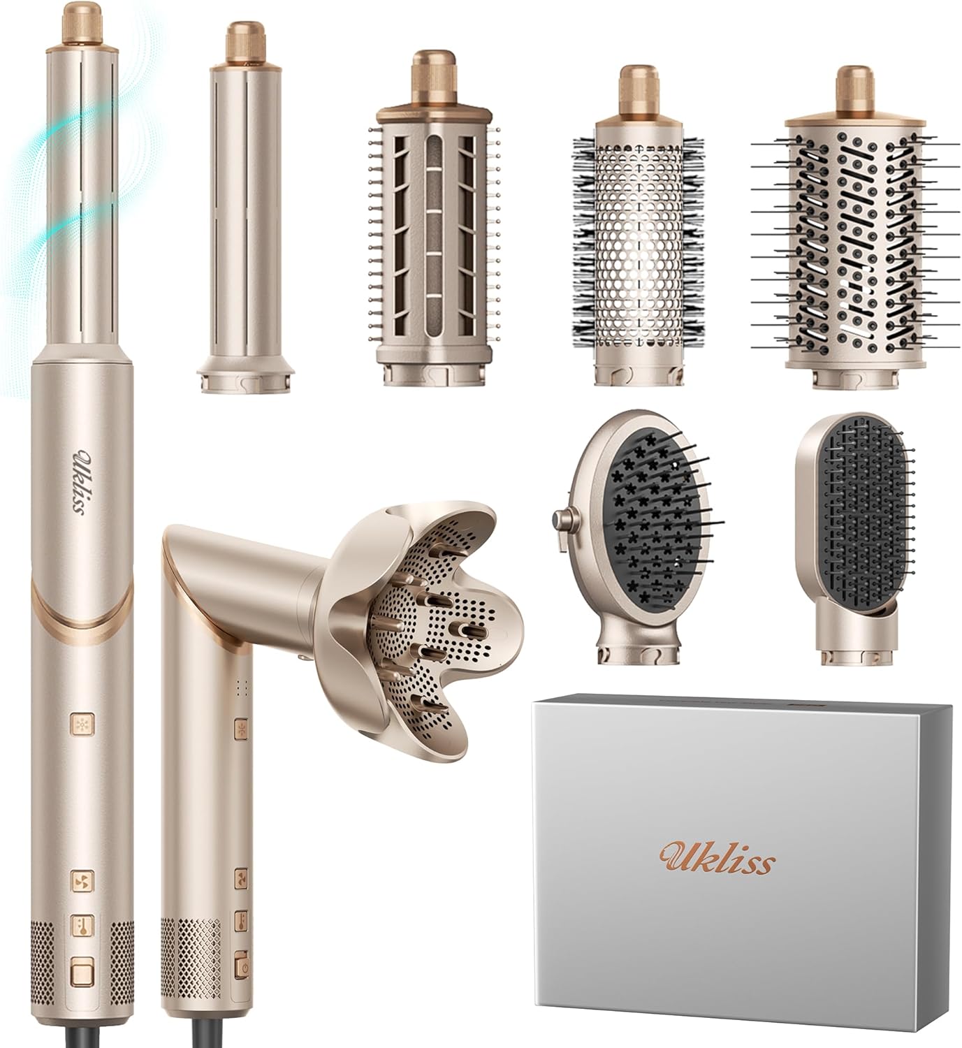 UKLISS 8-in-1 Professional Airstyler Hair Styler, High Speed Ion Hair Dryer, Hair Dryer Brush with Automatic Wrap, Curling Iron, Straightener, Volume Brush and Anti-frizz – Quick Drying with 8