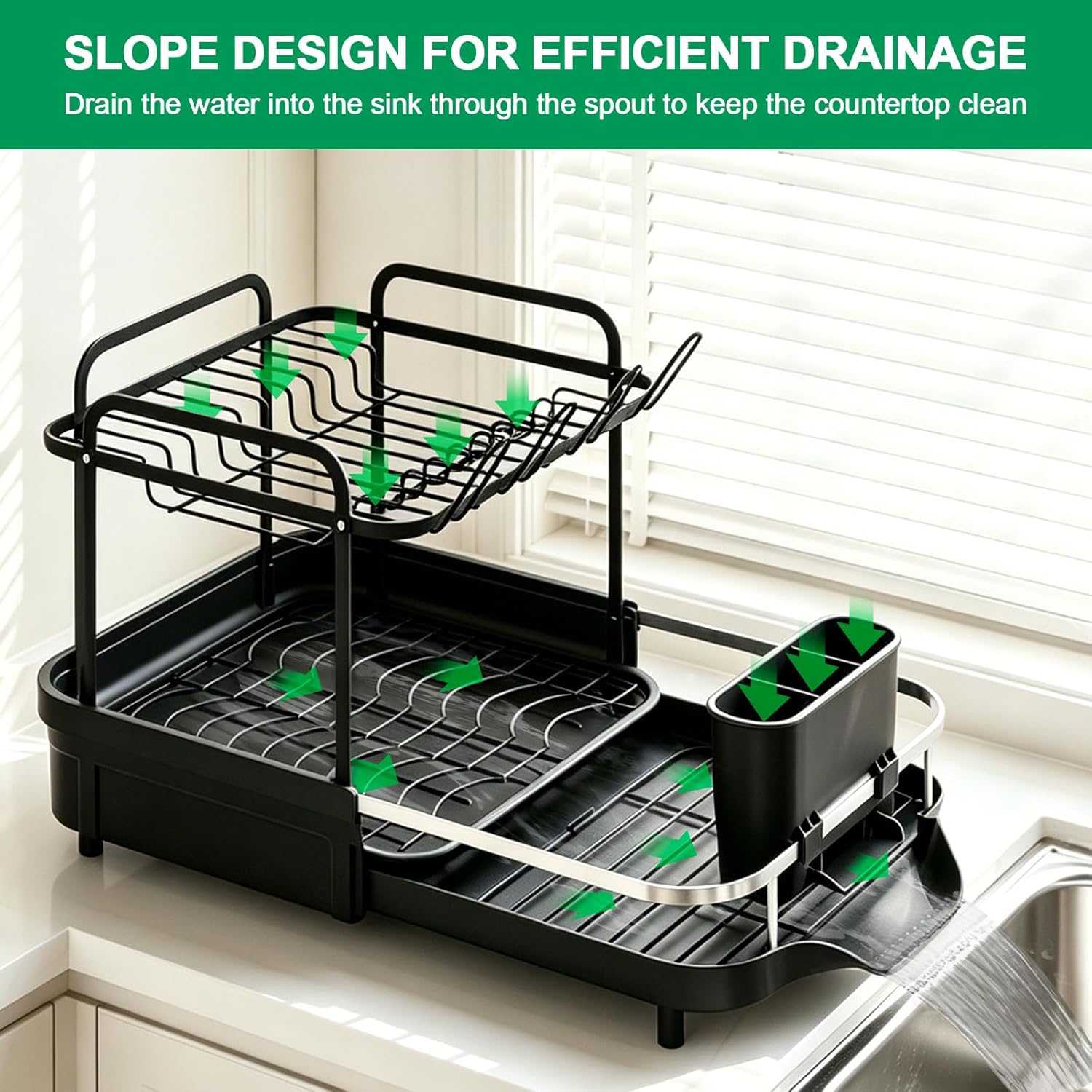 Dish Drying Rack for Kitchen Counter, 2 Tier Large Expandable Dish Drainer with Drainboard Set and Removable Utensil Holder, Space-Saving Countertop Organizer