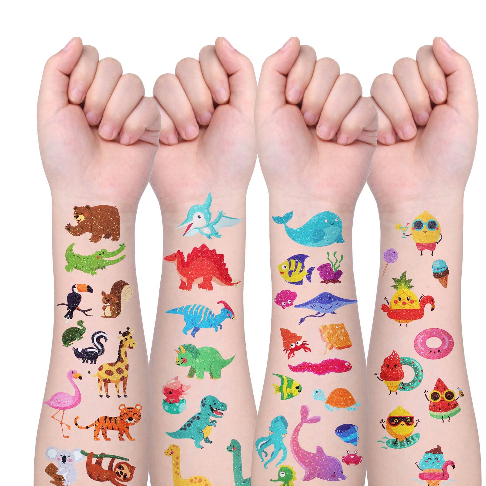 ACWOO Tatuaggi Temporanei per Bambini, Brillante Tatuaggi Finti per Ragazze Ragazzi, 10 Fogli Unicorno + Animale + Dinosauro Tatuaggi Temporanei Set, Giocattoli Gadget per Ragazza Bambini Adulti Festa