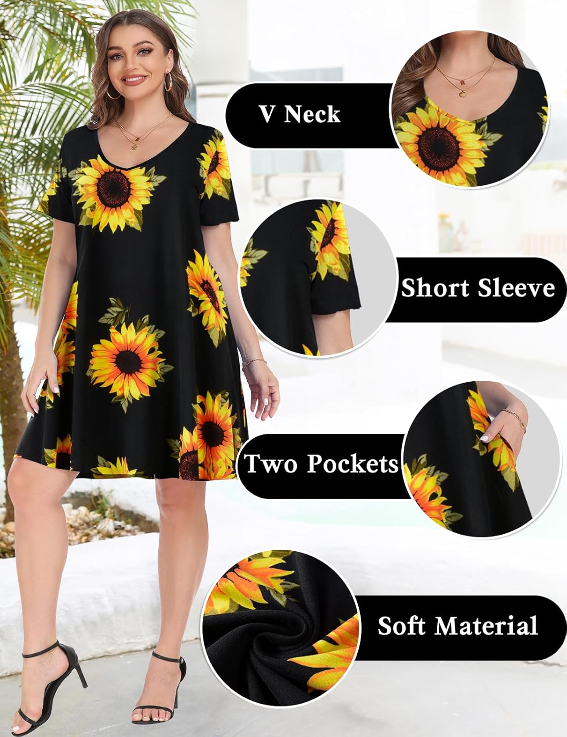 MONNURO Women's Casual Summer T Shirt Plus Size Dress Loose Short Sleeve V Neck Tunic Dress with Pocket - Image 4