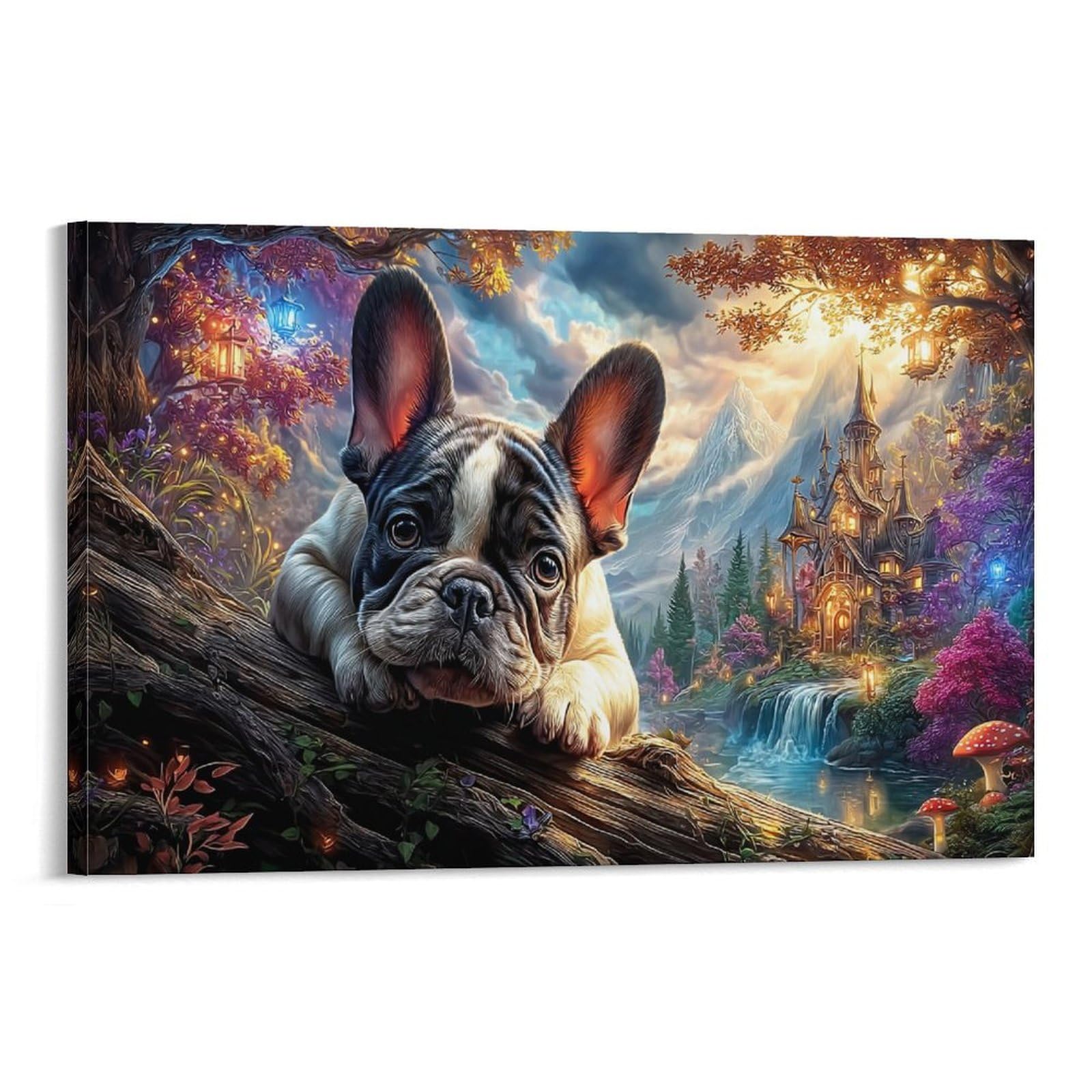 XPASHIQWC French Bulldog Wall Decor Poster Forest Castle Canvas Prints Picture Modern Wall Art Picture Wall Hanging for Bathroom Wall Decor 20x30inch(50x75cm)
