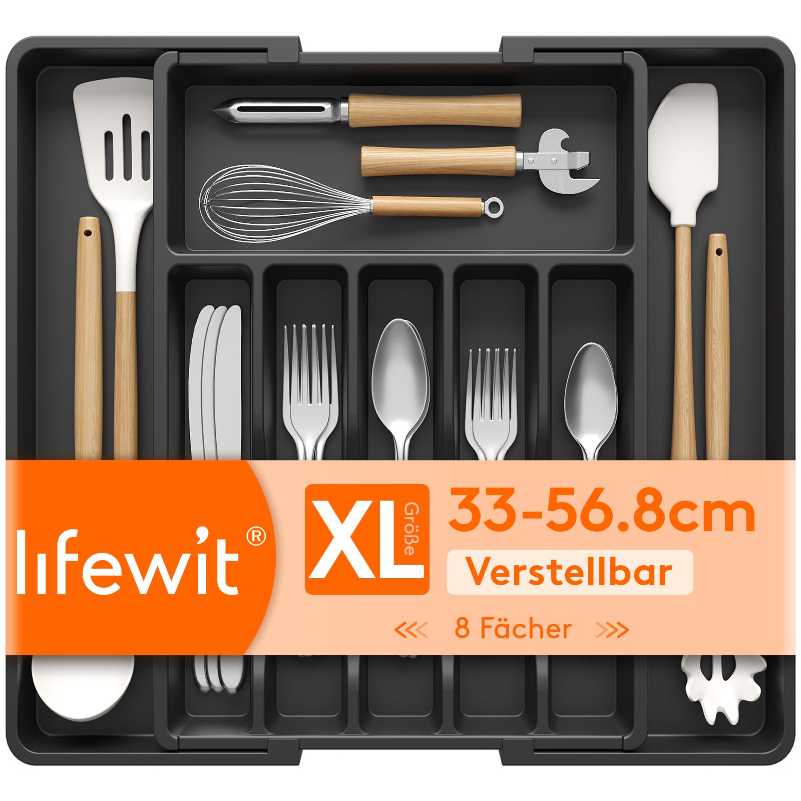 Lifewit Besteckkasten für Schubladen, verstellbarer Kunststoff Organizer Küche, für Löffel und Gabeln