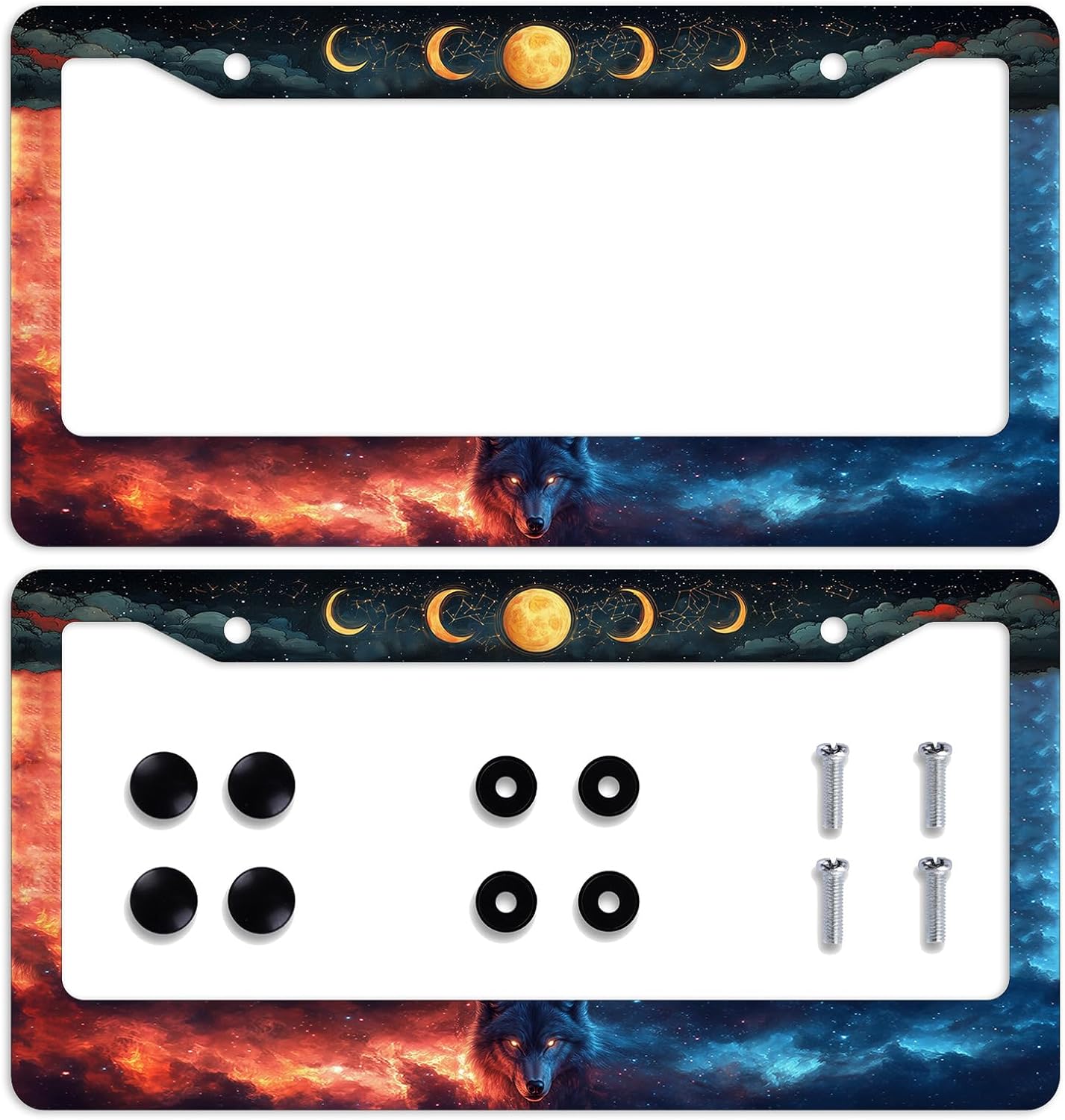 Wolf Moon Phases License Plate Frame Animal Full Moon Star Fantasy License Plate Personalise Stainless Steel Funny Design Compatible with Standard License Plate Holder for USA 12.2"x6.2" 2PC 6.3"L x 12.2"W(2PC) Wolf Moon Phases