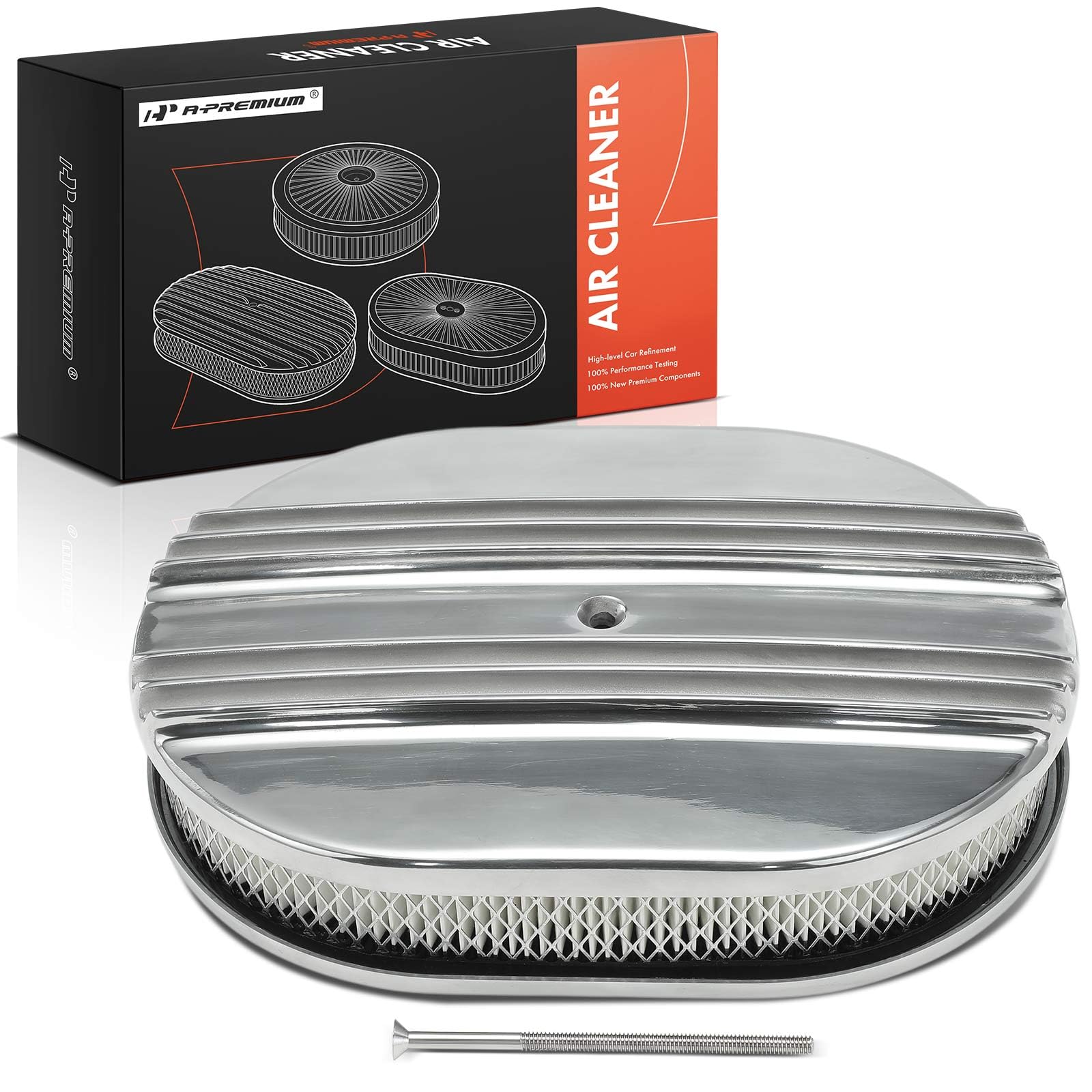 A-Premium Universal Air Cleaner Filter Assembly - 12"x8-3/8"x2", Oval Polished Chrome Air Cleaner