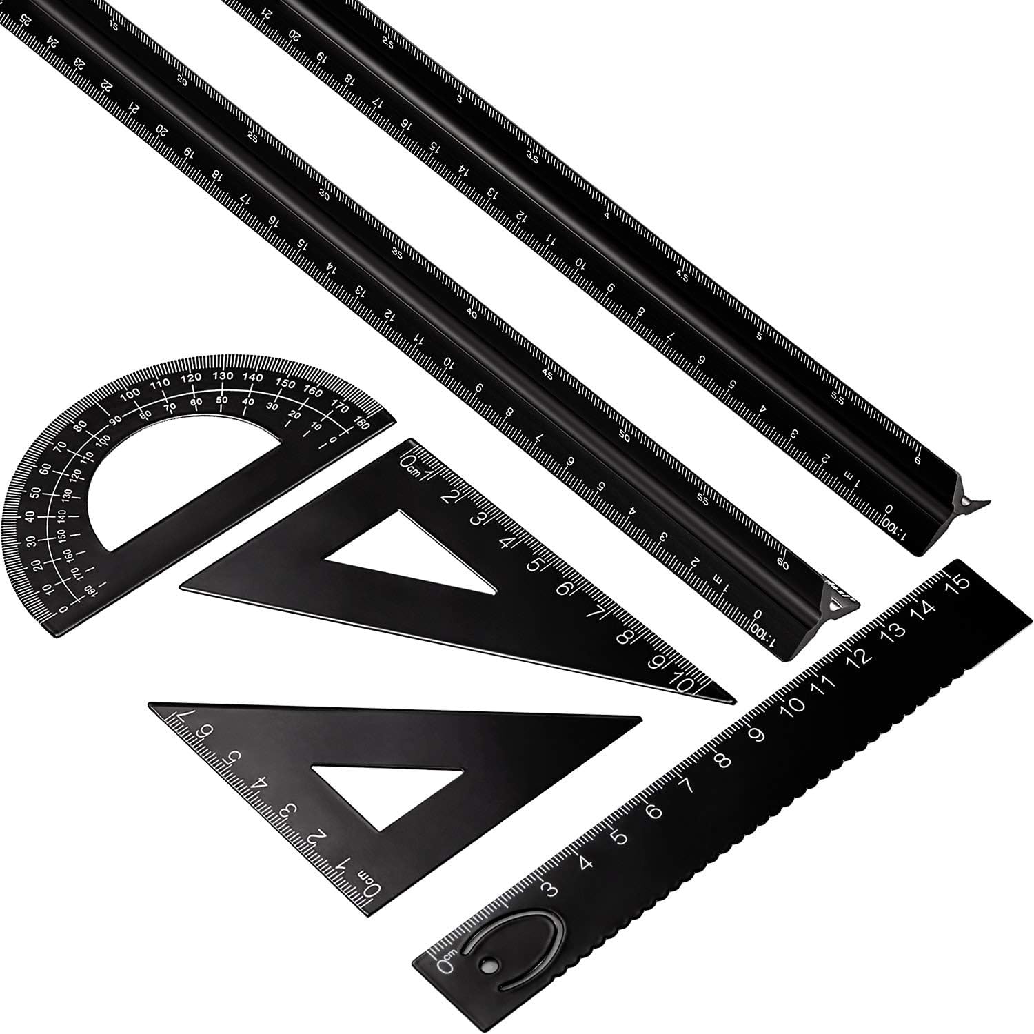 Leinuosen 6 Pieces Aluminum Triangular Architect Scale Ruler Set, 2 Pack 12 Inch Aluminum Scale Ruler with 4 Pieces Aluminum Triangle Ruler Square Set for Architects, Students, Draftsman and Engineers