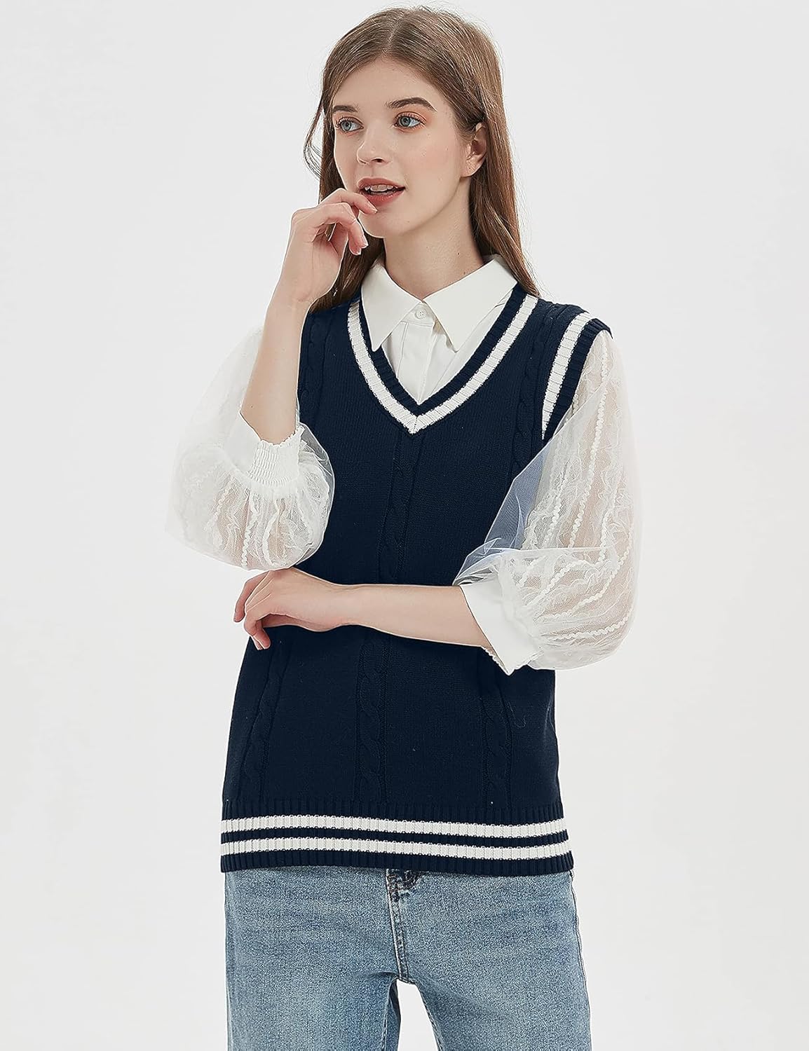 Gihuo Women's Sweater Vest V Neck Uniform Sleeveless Knitted School JK Pullover Tops Classic - Image 3