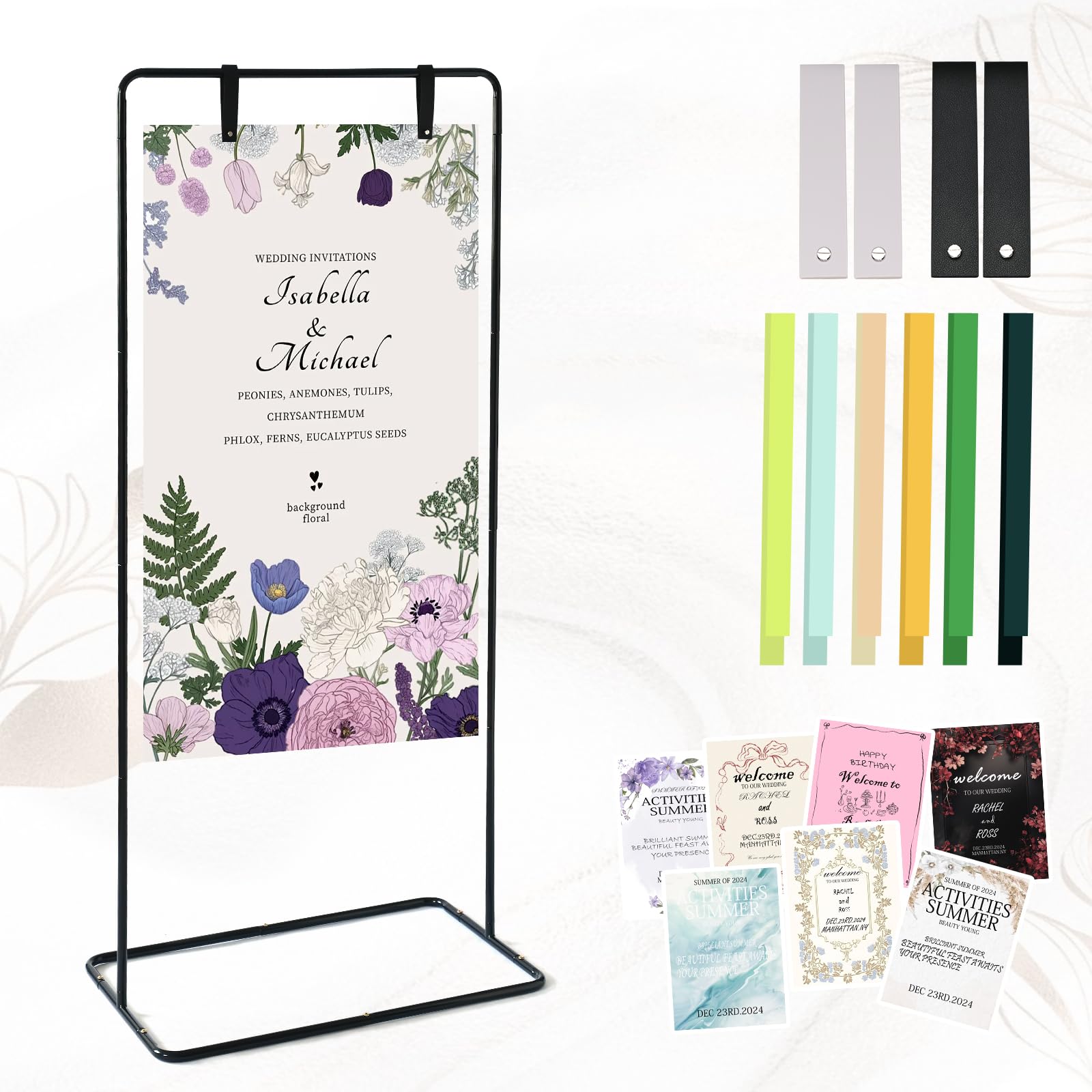 Soporte para letreros de boda, letrero de boda ajustable con paquete de diseño y correas para colgar letreros de cuero, soporte de caballete de metal duradero para letreros de bienvenida de boda