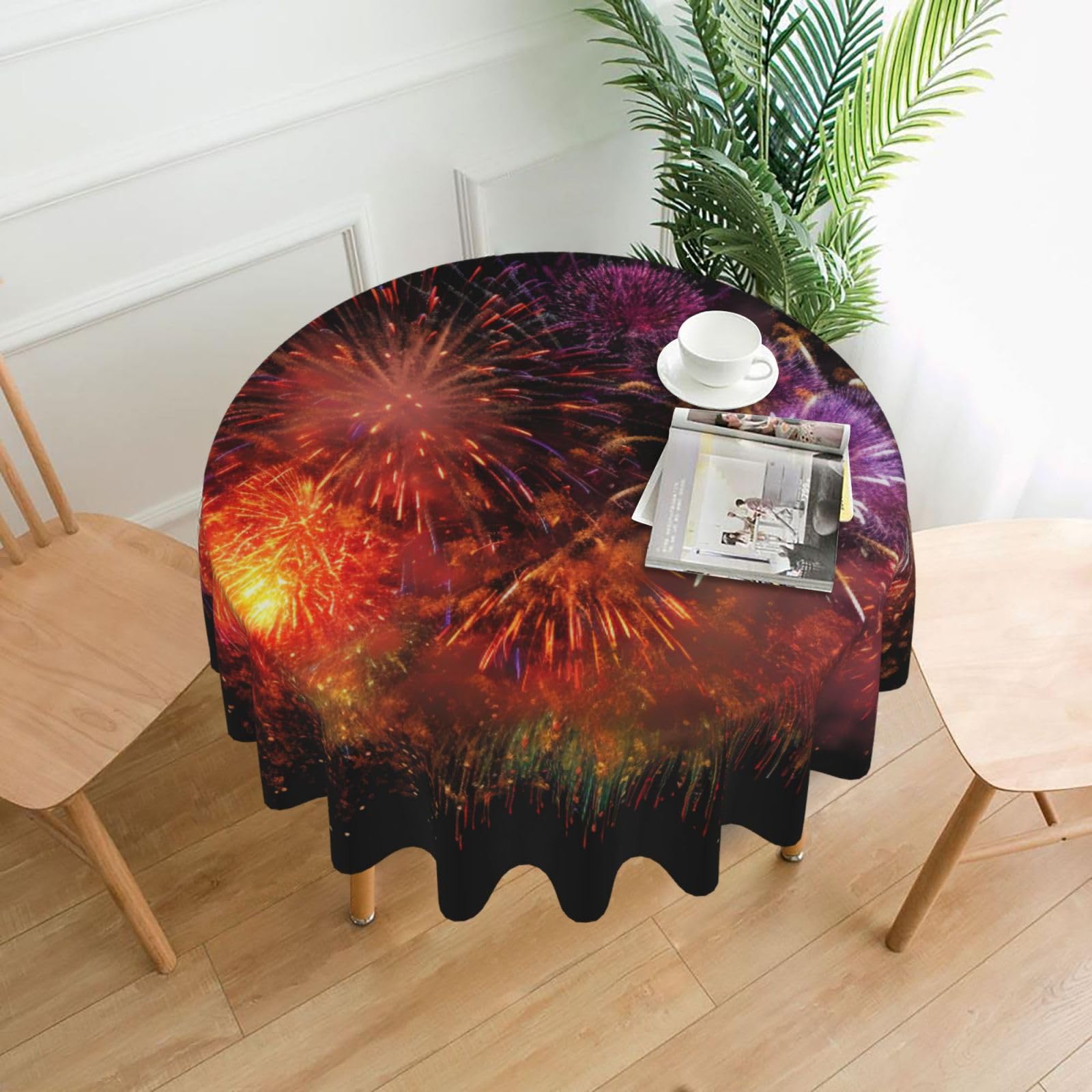 WPKJU Explosion Firework 3D Printed Round Tablecloth 60 in Water Resistant Table Cover Washable Table Cloth for Dining Tables