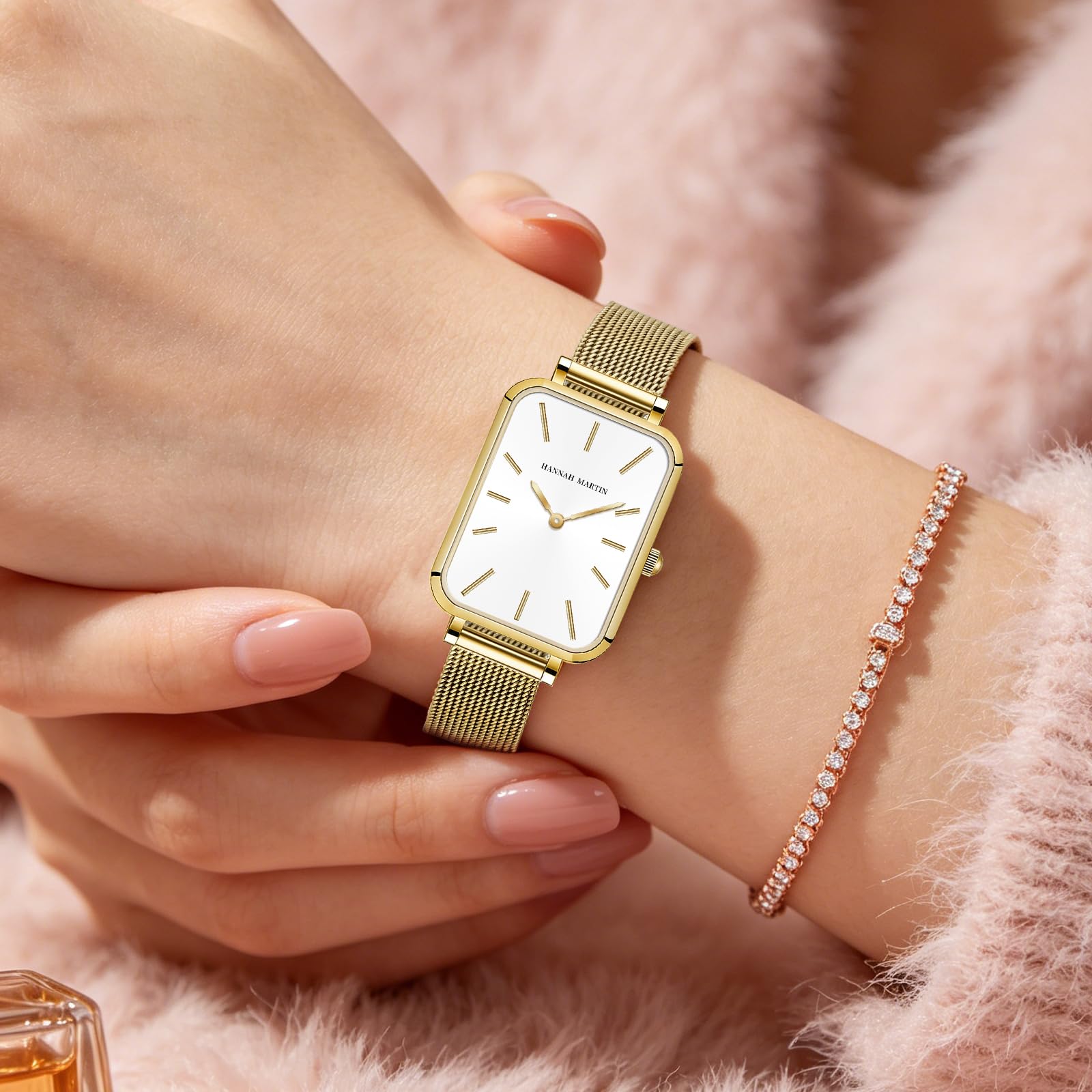 HANNAH MARTIN Uhren für Damen, wasserdicht, analog, Quarz-Armbanduhr, Edelstahlband, modisch, zierlich, Damenuhr, luxuriöses Armband, Diamant