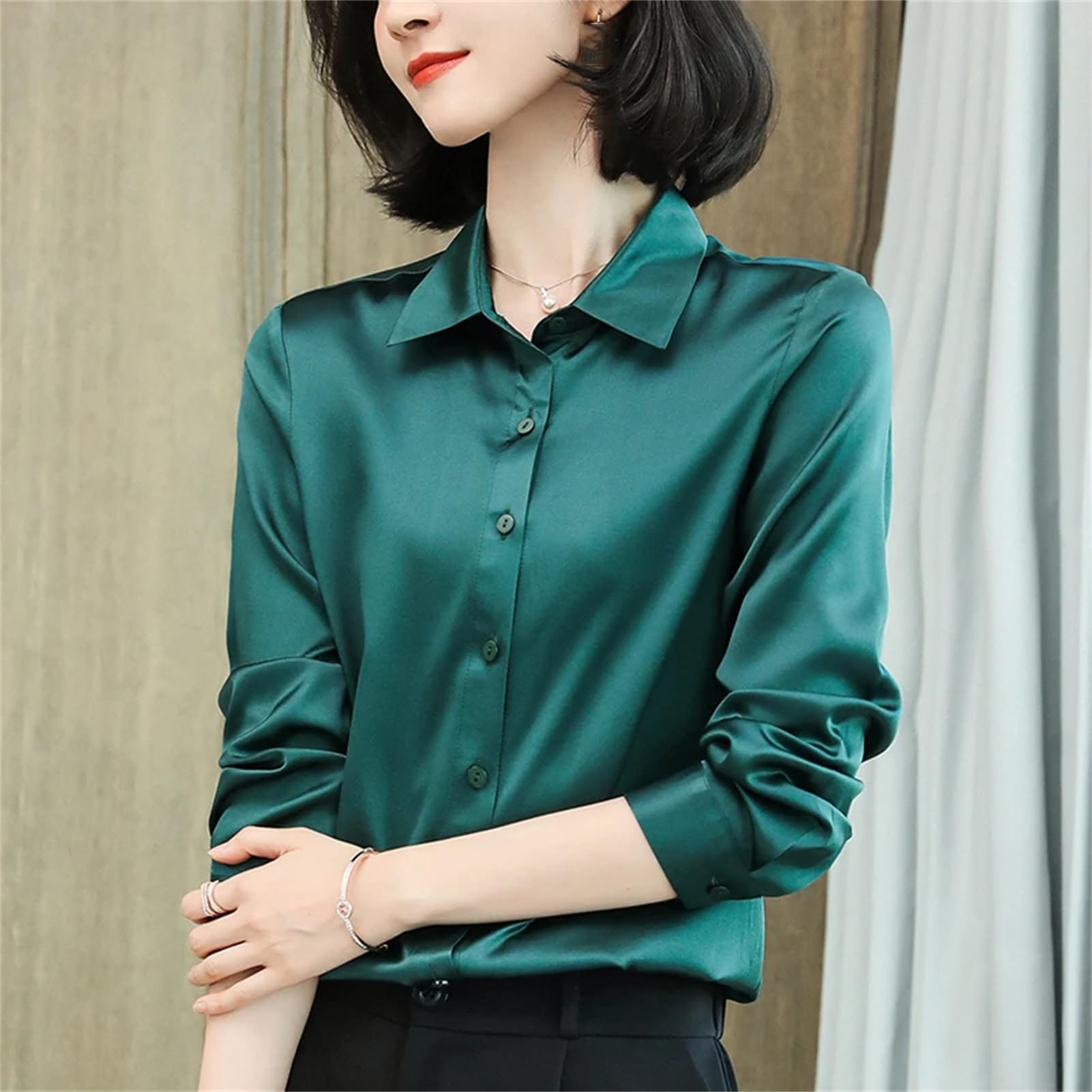 Blusa básica de satén de seda para mujer, cuello vuelto, manga larga, para oficina, trabajo, etc