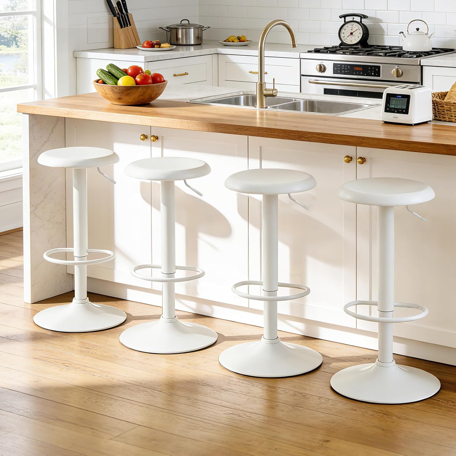 Brage Living Bar Stools Set of 2, Adjustable Height Swivel Bar Stools, Metal Airlift Barstools, Backless Counter Height Bar Chairs for Kitchen Dining Room Pub Cafe (White)