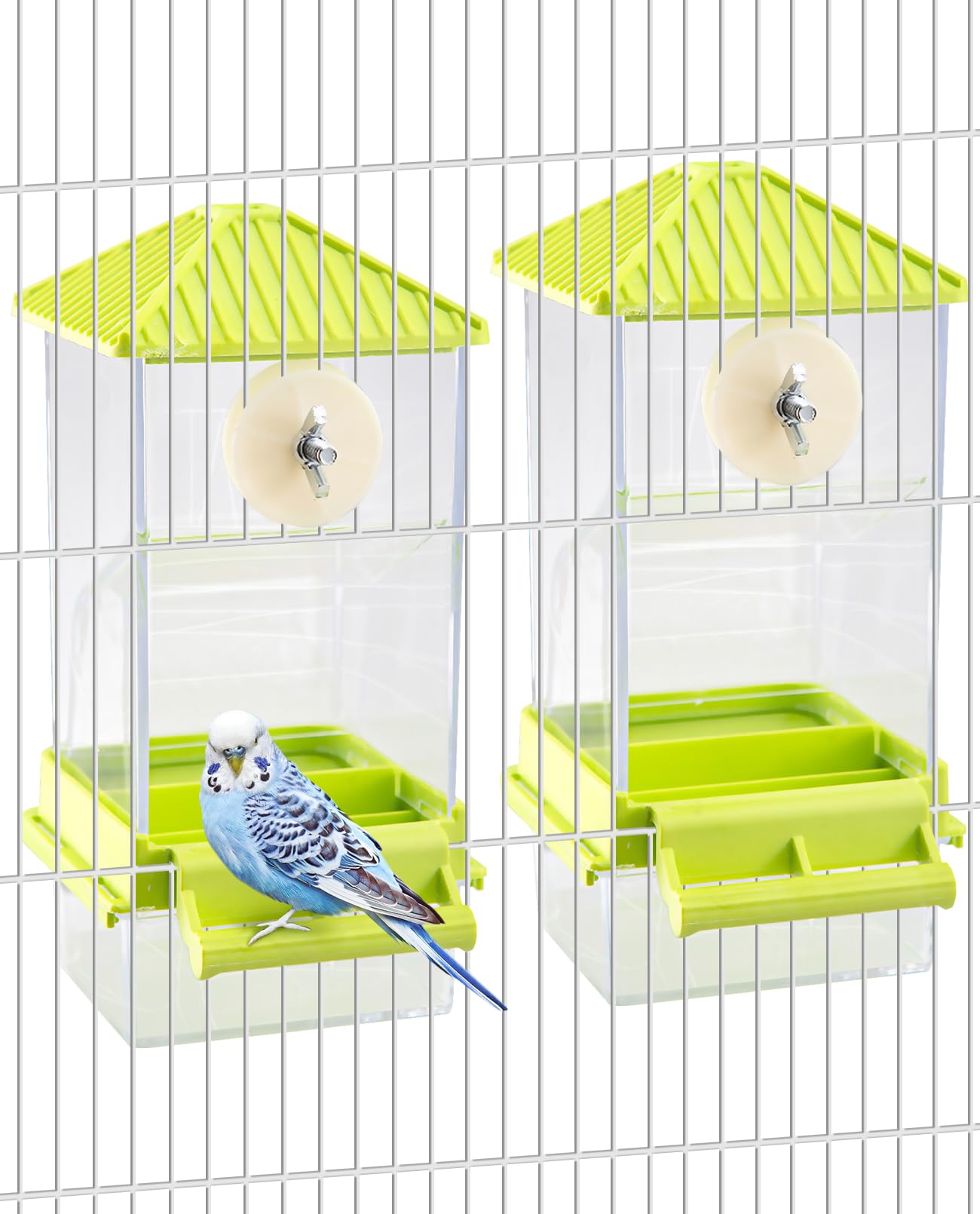 Hamiledyi Mangeoire à oiseaux automatique pour cage à perruches | Lot de 2 accessoires transparents pour cage à perroquet, perruches, pinsons, inséparables, canaris - Vert