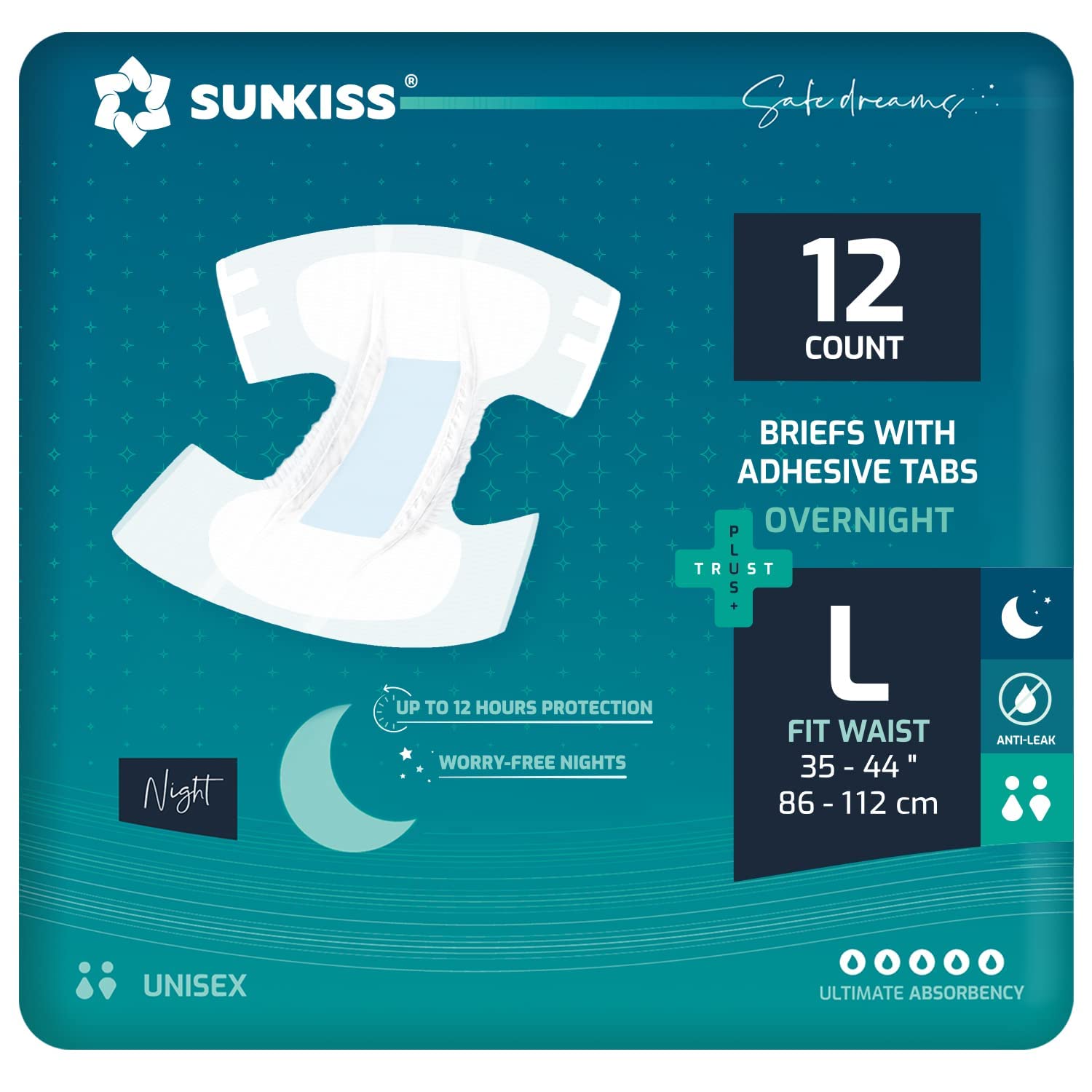 SUNKISS TrustPlus Overnight Adult Diapers with Ultimate Absorbency, Unisex Disposable Incontinence Briefs with Tabs for Men and Women, Large, 48 Count